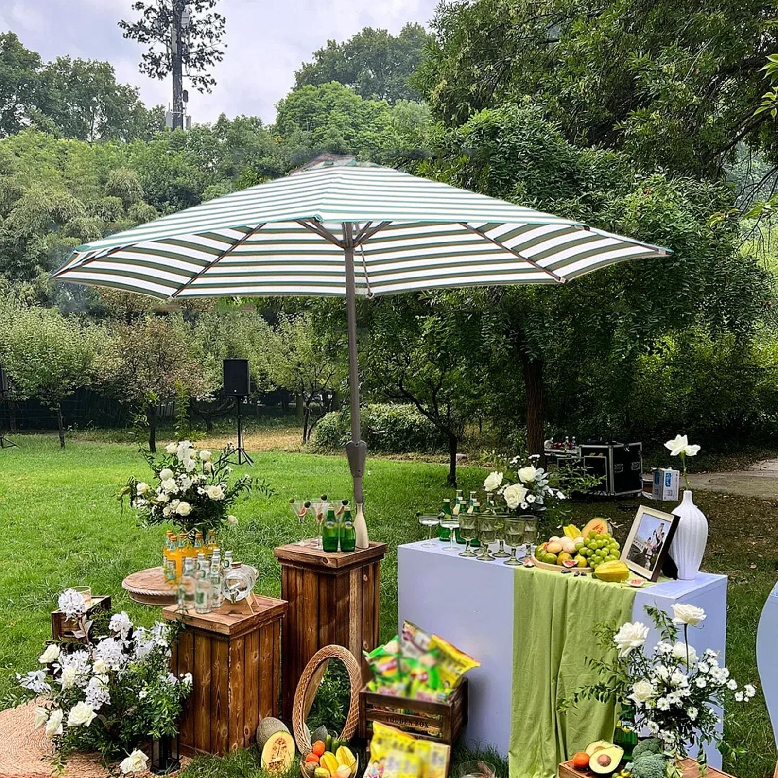 270 cm Parasol Patio z Korbą Ręczną, Zielony, Biały Pasek, Zewnętrzny Parasol Plażowy, Ochrona UV50+ Wodoodporny do Basenu, Werandy, Ogrodu, Podwórko