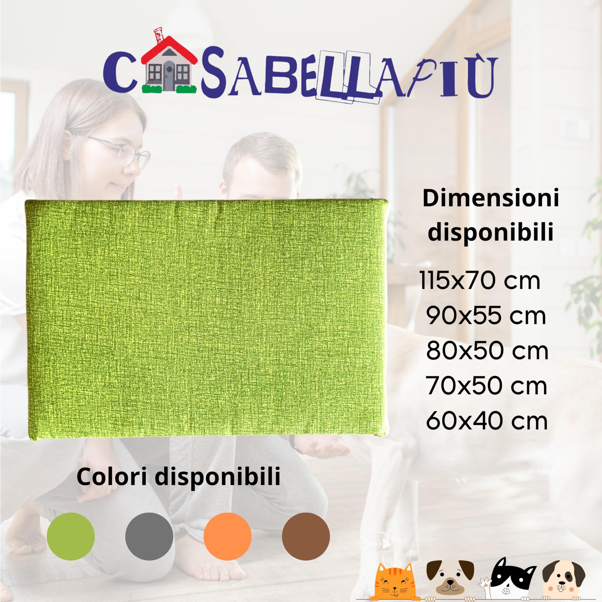 CASABELLAPIU Cuscino Per Cani, Lettino Per Cuccia Cani o Gatti Completamente Sfoderabile e Lavabile, 100% Made In Italy (VERDE, 70x50 cm)