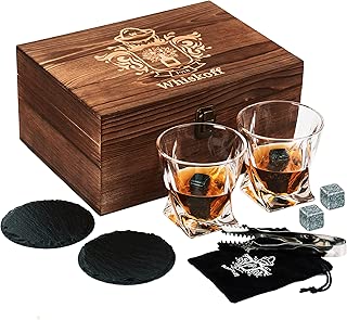 Whiskey Glass Set of 2 - Bourbon Whiskey Stones Gift Set - Twist Scotch Rocks Tongs, Coasters, Chilling Stones & Bar Glasses - Drinking Glasses for Men & Woman - Whiskey Glassware in Wooden Gift Box - coolthings.us