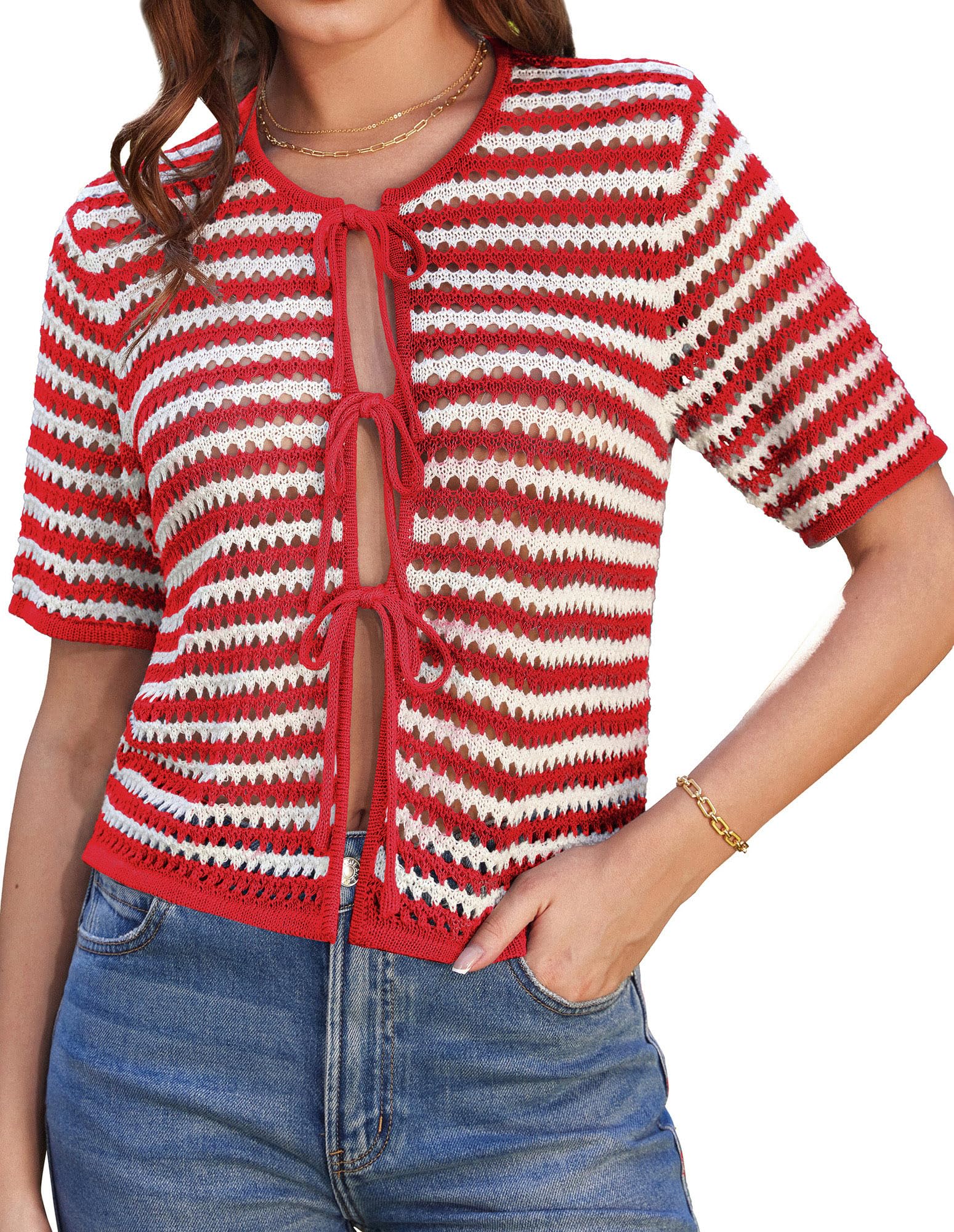 GRACE KARIN Womens Summer Tie Front Cardigan Striped Short Sleeve Sweater Crochet Cropped Tops Casual Beach Coverup