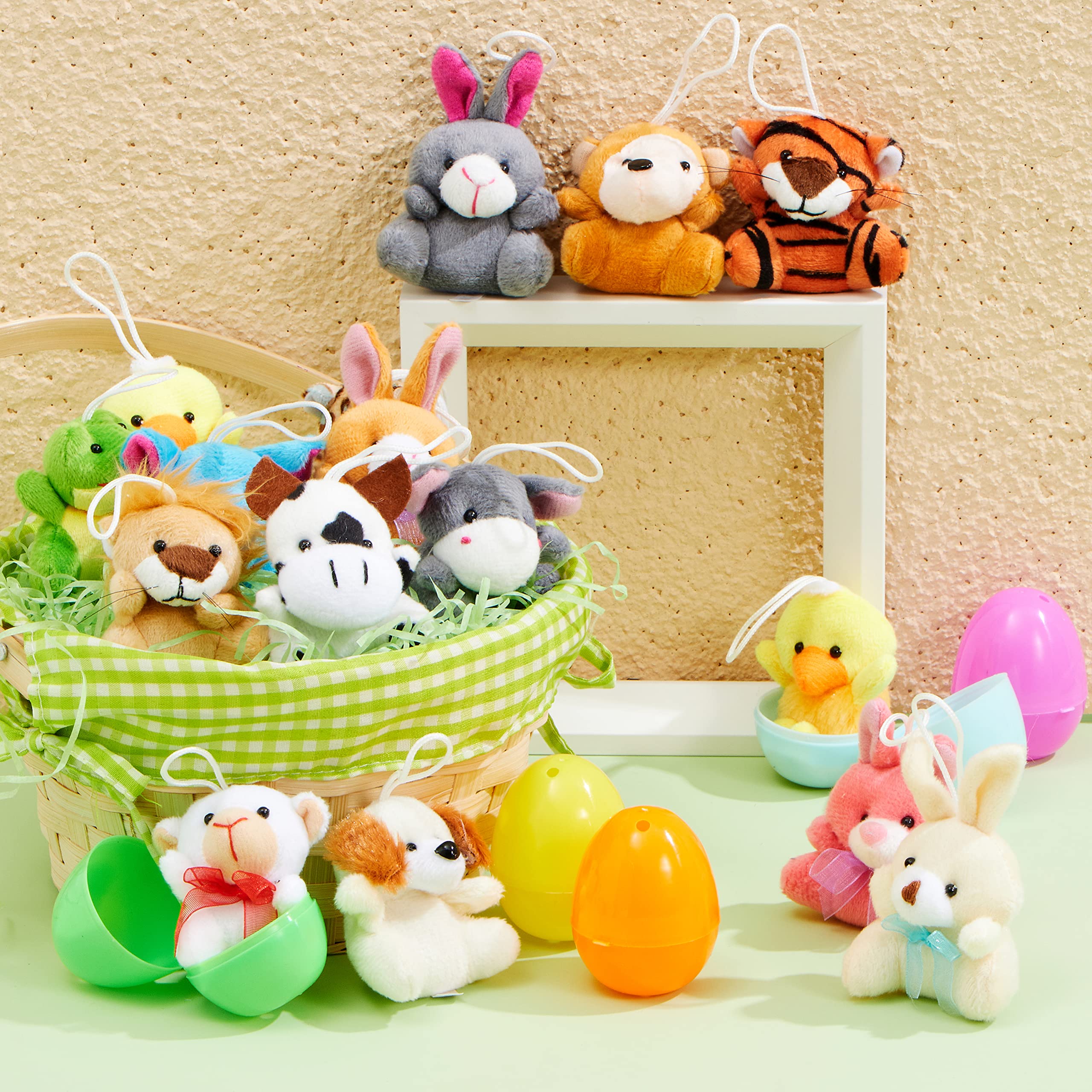 JOYIN 18 Pcs Pre-Filled Easter Eggs with Plush Animal Toys, Egg Filled Keychain for Kids Hunt Goodie Bag Fillers Basket Stuffers and Party Favor