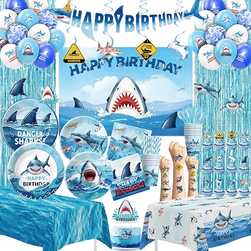 Srua Don Shark Birthday Party Decorations, Ocean Theme Shark Party Supplies for Birthday Baby Shower, Paper Plate, Cup, Napkin, Backdrop, Topper, Tablecloth, Balloon, Swirl, Cutlery, Banner, Serves 2