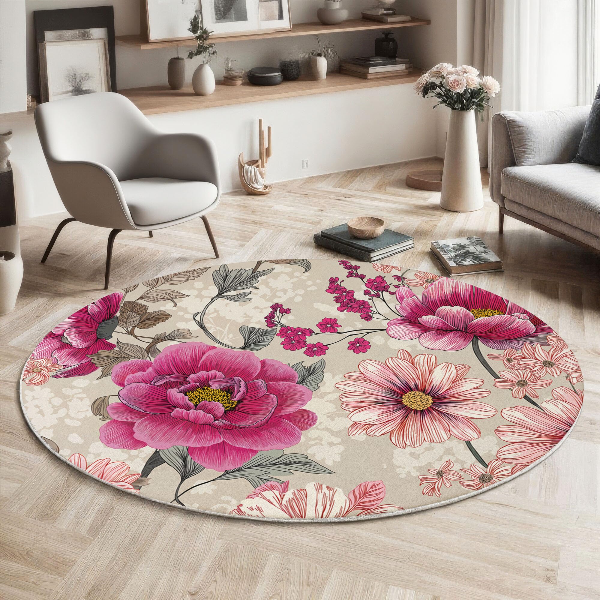 Tapis rond lavable fleurs rétro rose 160cm pour éviter les glissades au salon