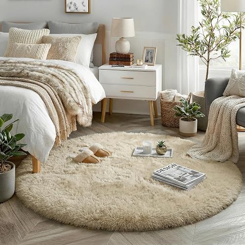 Amdrebio Beige Boho Round Fuzzy Area Rug 5Ft for Bedroom Living Room Kids | Fluffy Shag Cozy Plush Carpet, Nursery Classroom Preppy Dorm Decor, Neutral Aesthetic, Circular Circle, Baby Toddler Corner