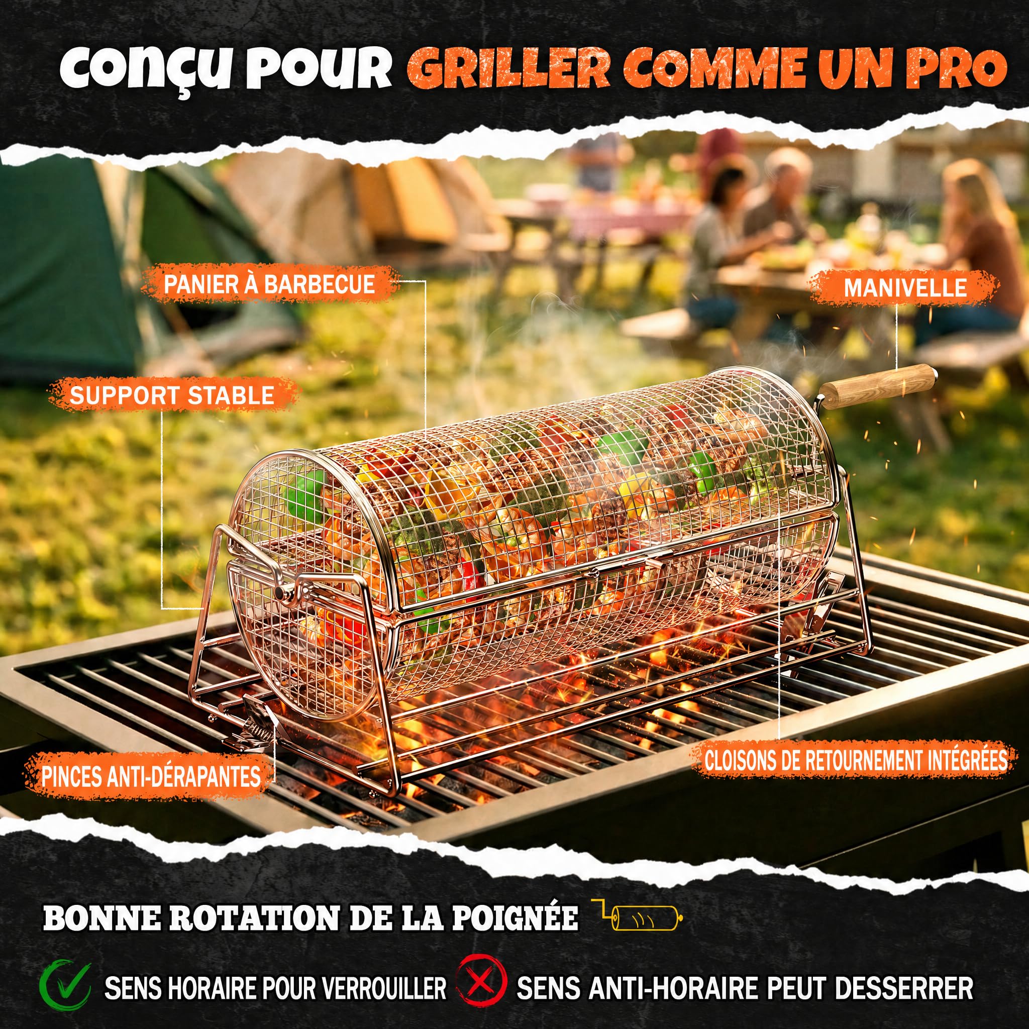 2-en-1 Panier à Barbecue Roulant Rotatif, Inoxydable 304 avec Poignées Détachables Doubles Manivelle et Droite, Accessoires BBQ pour Légumes Crevettes, Cadeau Idée Homme Papa Mari Anniversaire