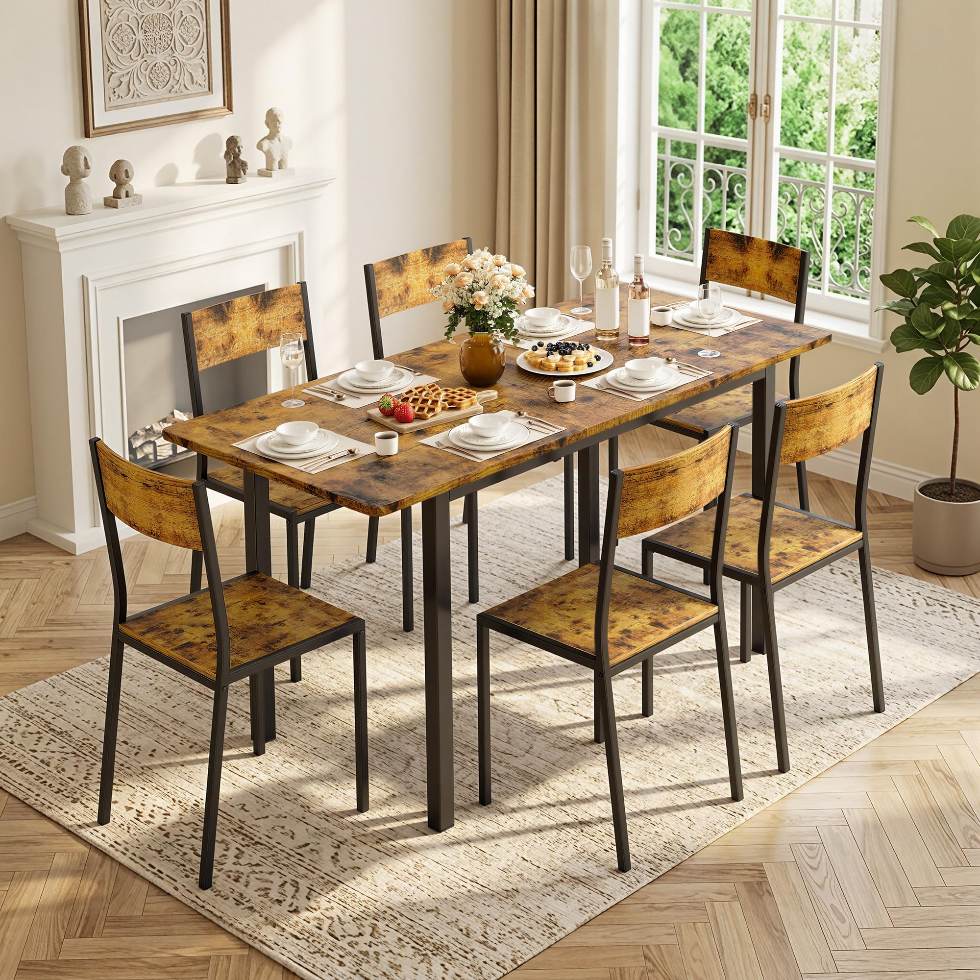 Xbro Ensemble Table à Manger 6 Personnes Extensible avec 6 Chaises, Gain de Place, Structure Métal Stable, Montage Facile, Cuisine Salle à Manger 110–140 cm
