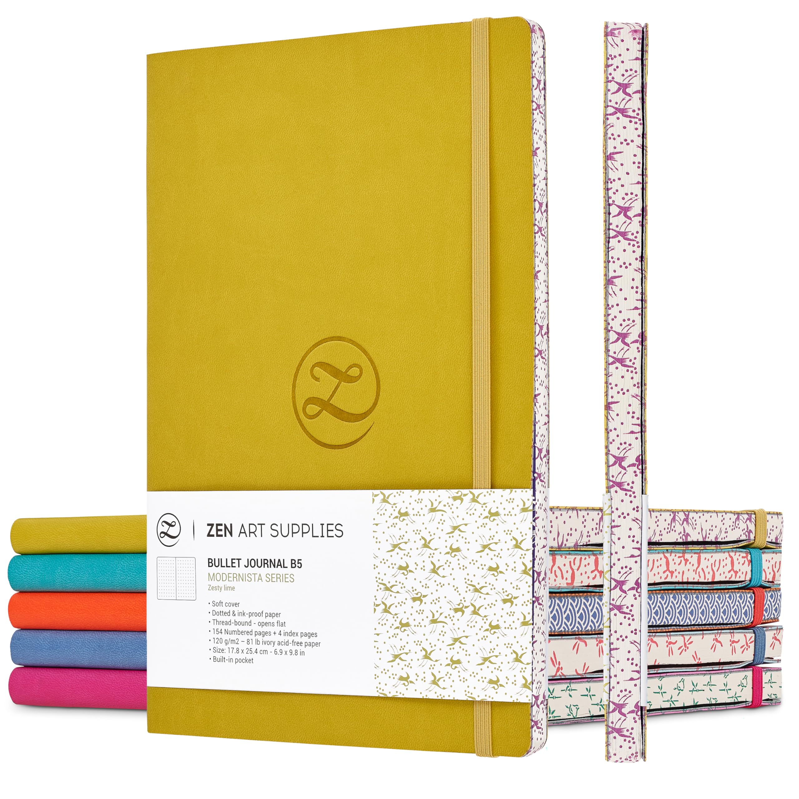 ZenART Diario de Piel Sintética con Puntos, Tamaño 17,8 x 25,4 cm (B5), Papel Premium 120gsm, Cuaderno con Colores Vivos con Bordes con Motivos Japoneses, Plano y con Cuadrículas para Llevar un Diario