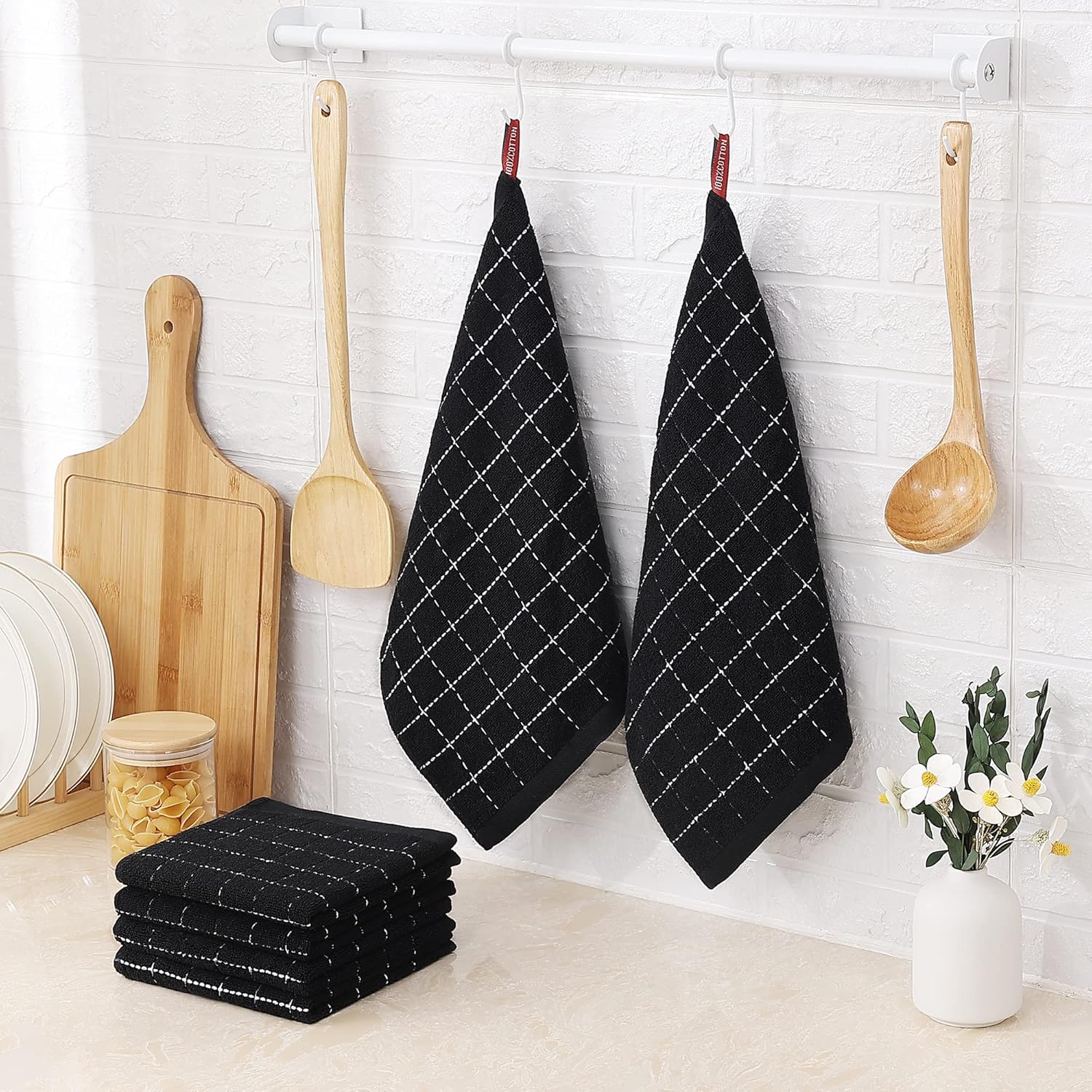 Homaxy 100% Cotton Terry Kitchen Dish Cloths, Ultra Soft and Absorbent Dish Towels for Kitchen, Suitable for Drying and Washing Dishes, 18 Pack, 12 x 12 Inches, Black