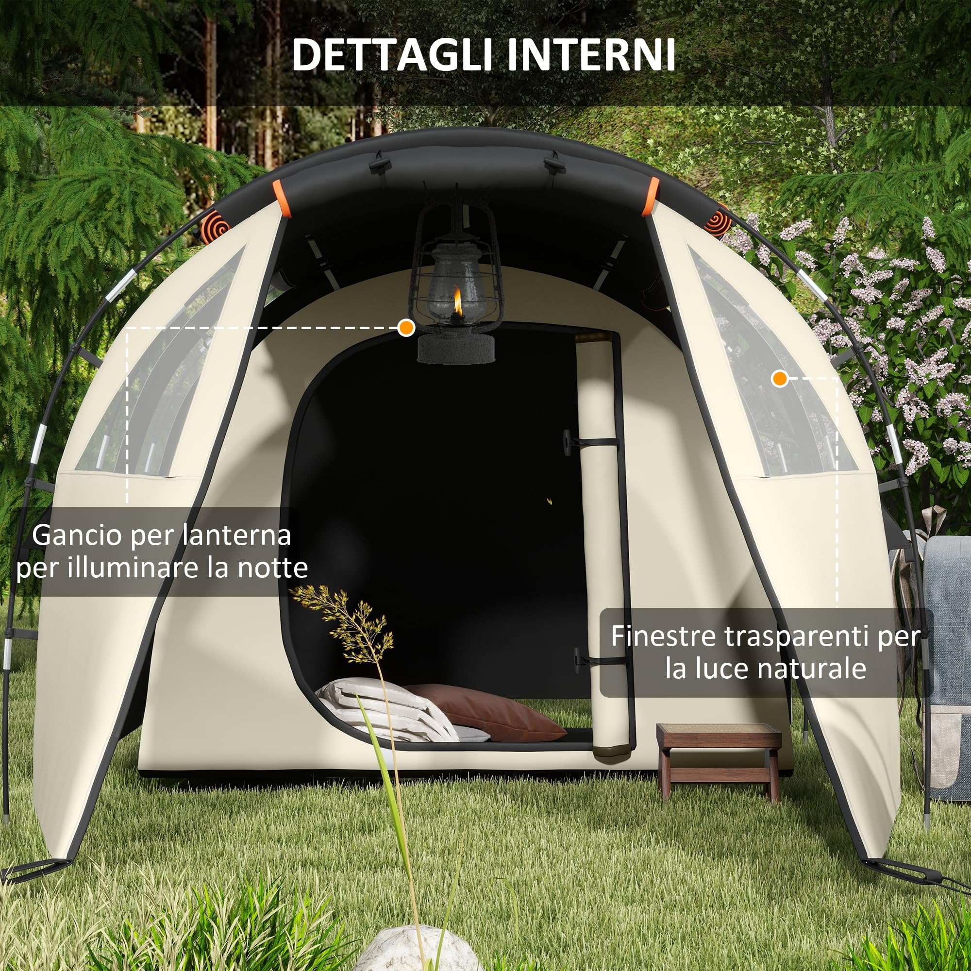 Outsunny Tenda Campeggio per 4-5 Persone con Copertura Impermeabile, Tenda a Tunnel Familiare con Borsa di Trasporto, Kaki