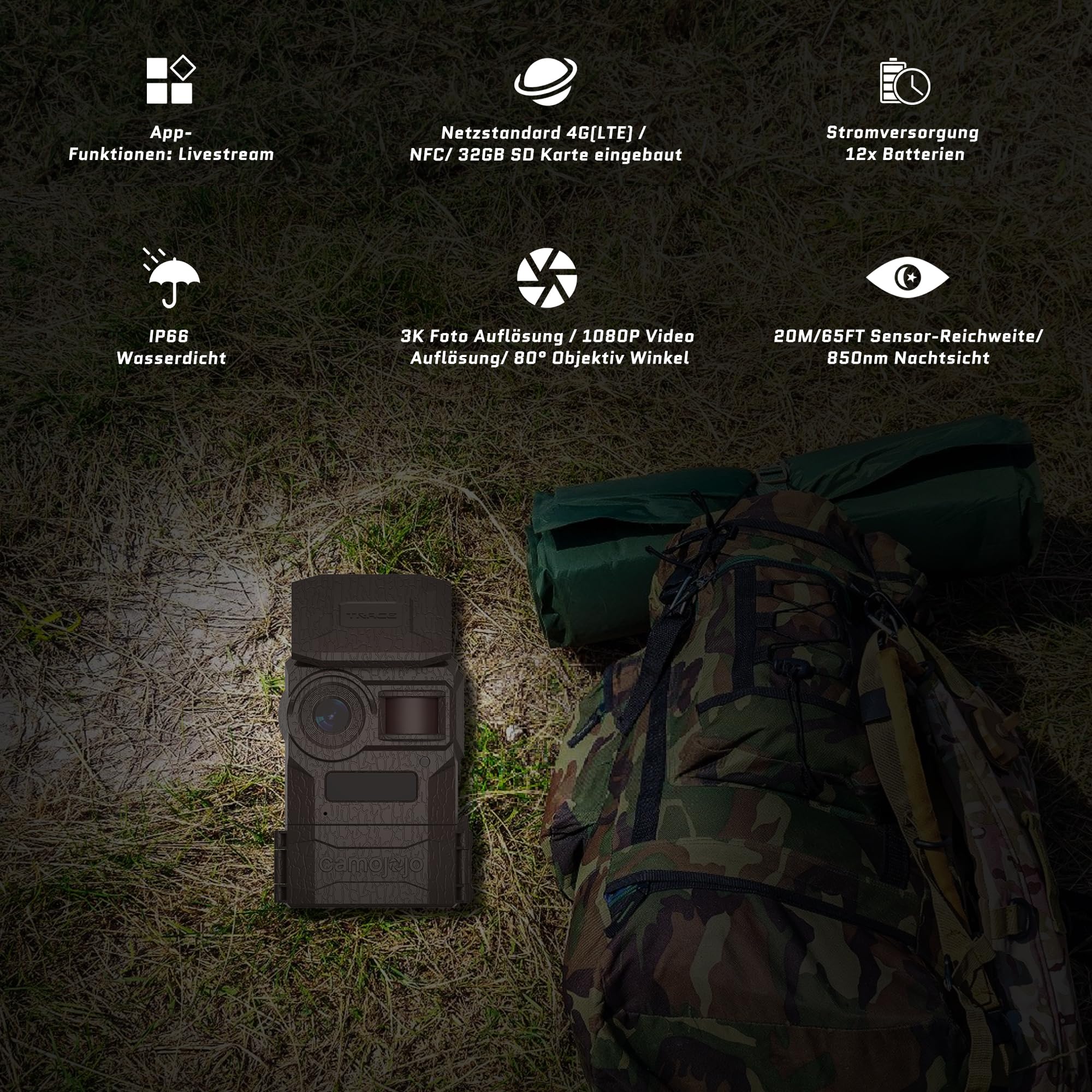 Camojojo Trace Wildkamera Handyübertragung mit SIM 4G LTE, Wildtierkamera mit bewegungsmelder Nachtsicht, Wärmebildkamera Jagd mit IP66 wasserfest, 32GB SD-Karte, APP- Multifunktionen längere Laufzeit
