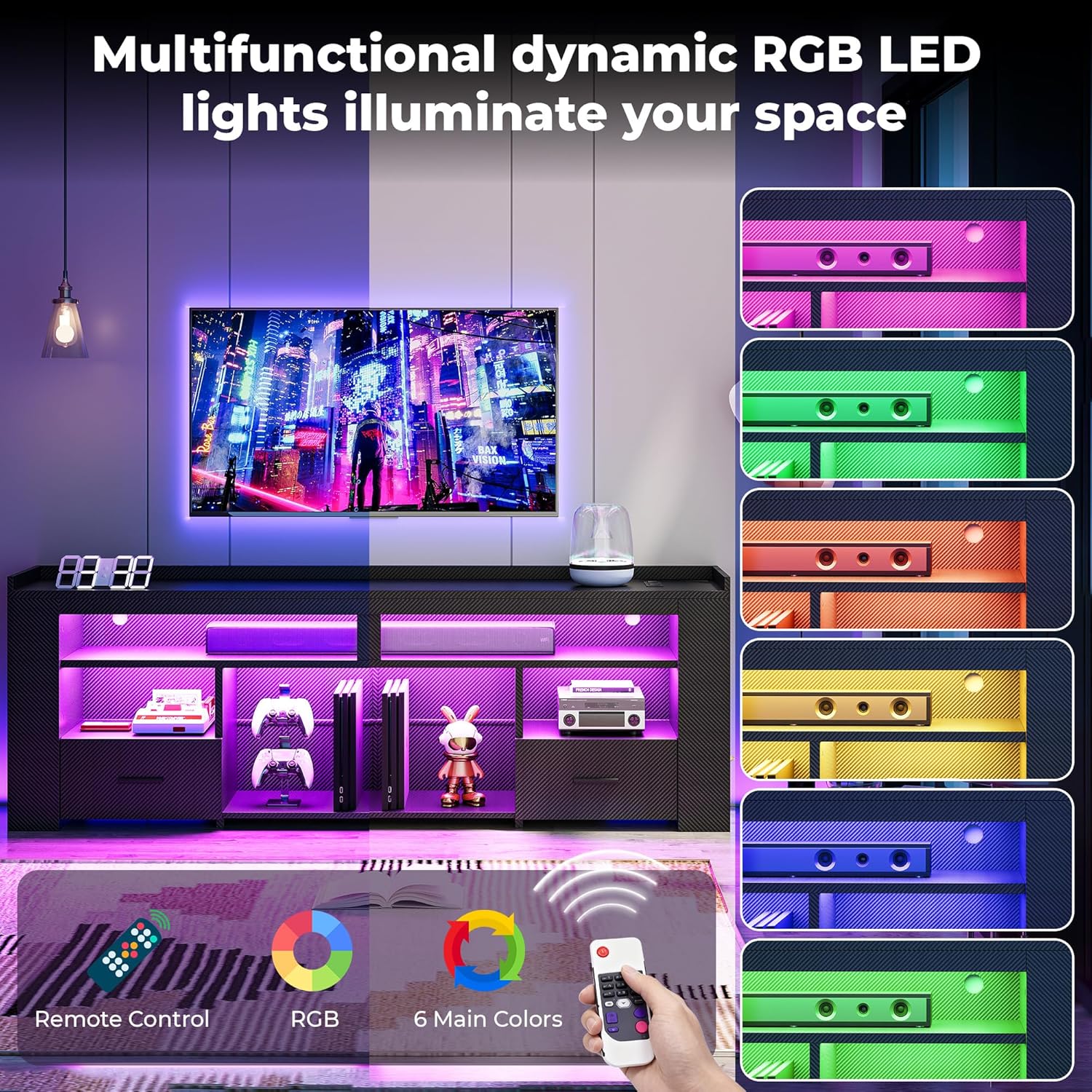 IRONCK TV Stand for 75 Inch TV, Carbon Fiber Entertainment Center with 2 Drawers, Charging Station & RGB LED Light, Gaming Media Console for PS4, Bedroom, Living Room, Black - Image 5