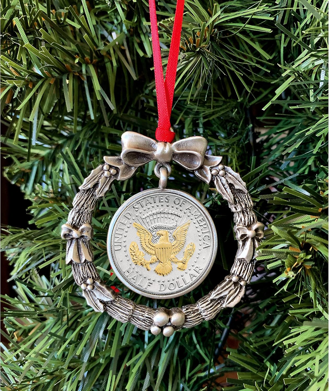 Coin Wreath Silvertone Pewter Ornament | JFK Presidential Seal Half Dollar Selectively Layered in Gold | Certificate of Authenticity