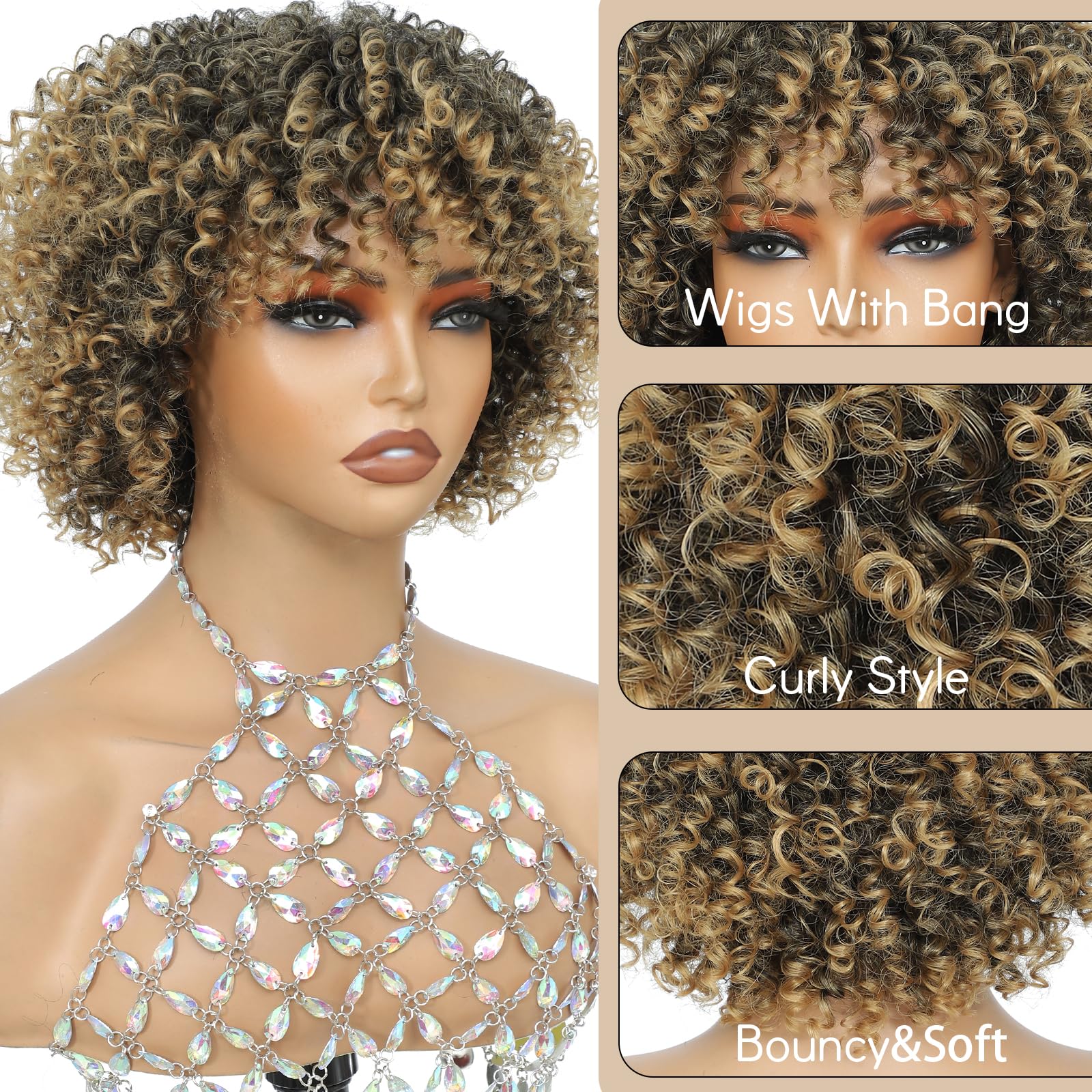 Amazon.com : YOKABOOM Honey Blonde Short Curly Wig with  display picture 1