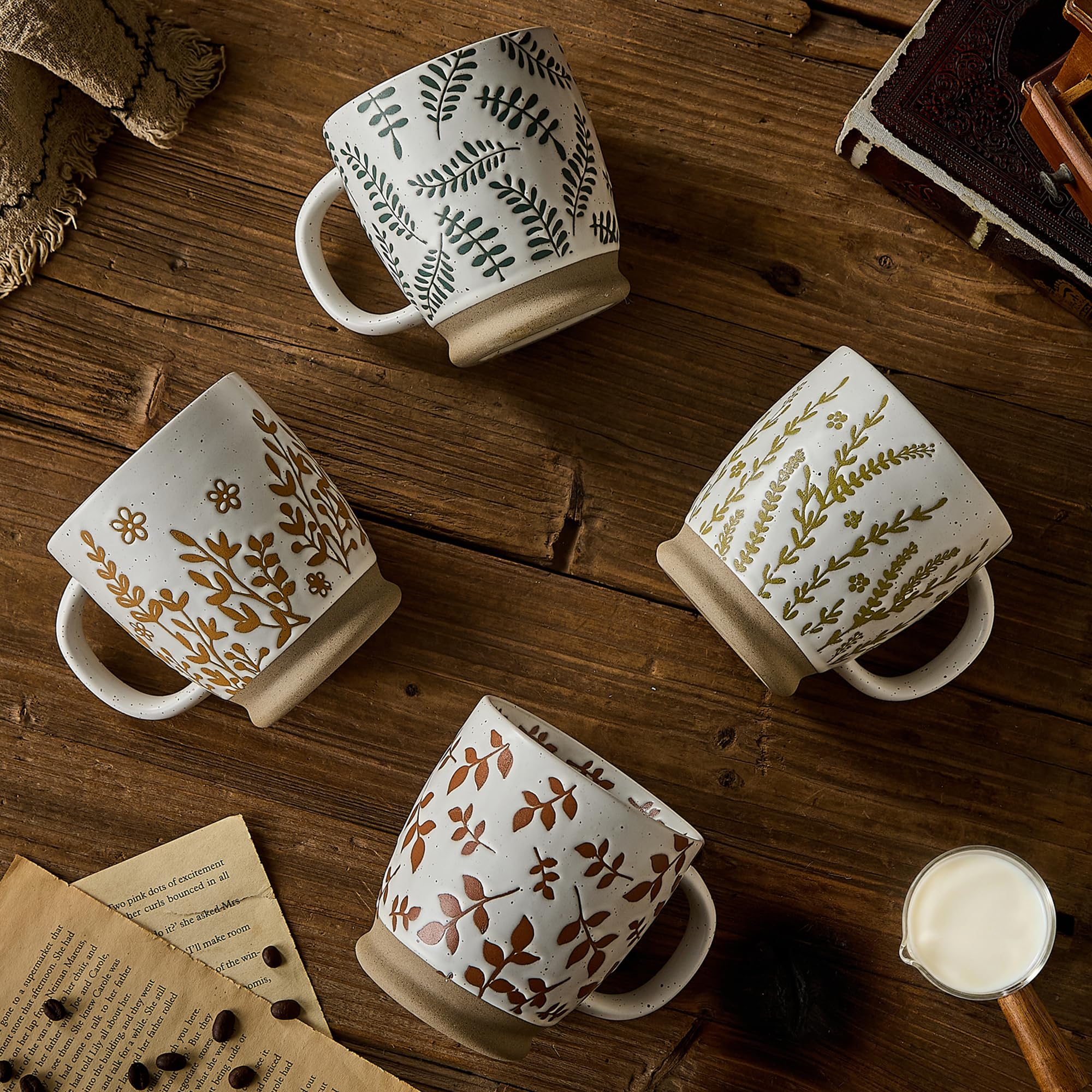 Handbemalte Keramik Kaffeetassen Set Landhausstil,Set of 4, 530ml Steinzeug Tonbecher für Espresso Tee, mikrowellengeeignet, Geschenk für Zuhause Büro
