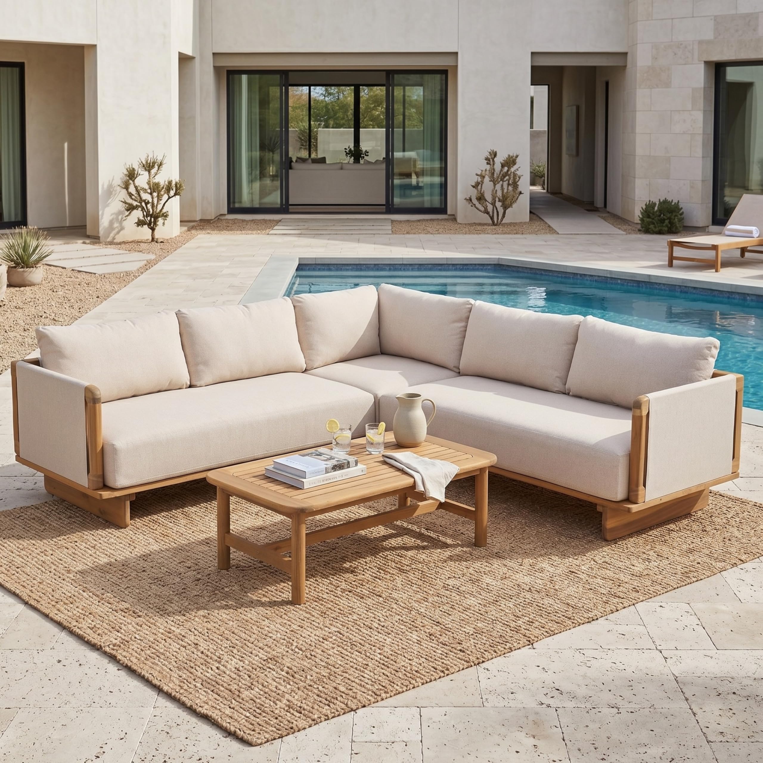 Merax 4 Piece Patio Outdoor Furniture Set, All-Weather V-Shaped Sectional Sofa with Cushions, 1 Coffee Table for Porch, Lawn, Backyard, Balcony, Light