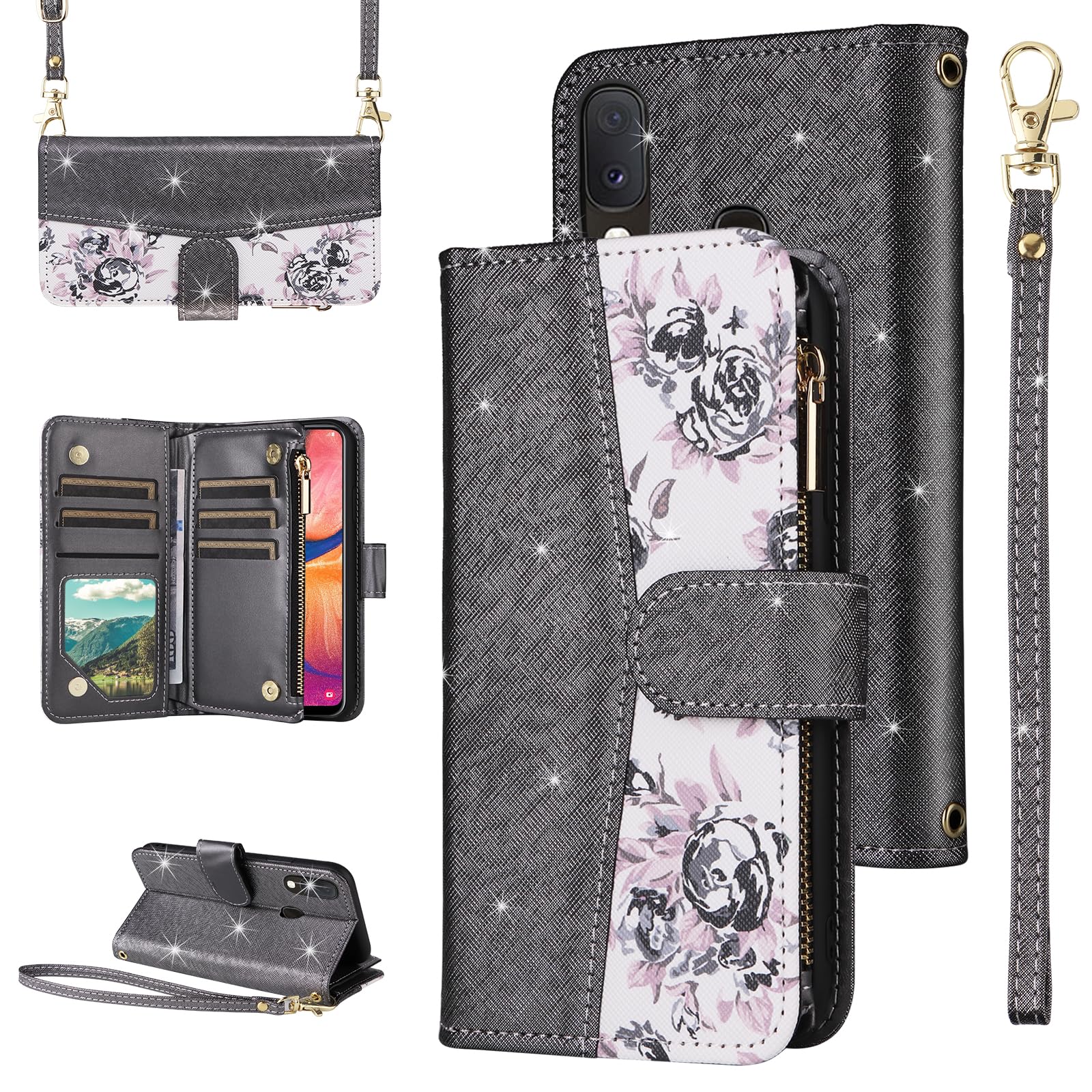 Furiet for Samsung Galaxy A20 A30 Floral Wallet Case with Flip Zipper Purse Wrist Strap Shoulder Strap Luxury Glitter PU Leather Card Holder Stand