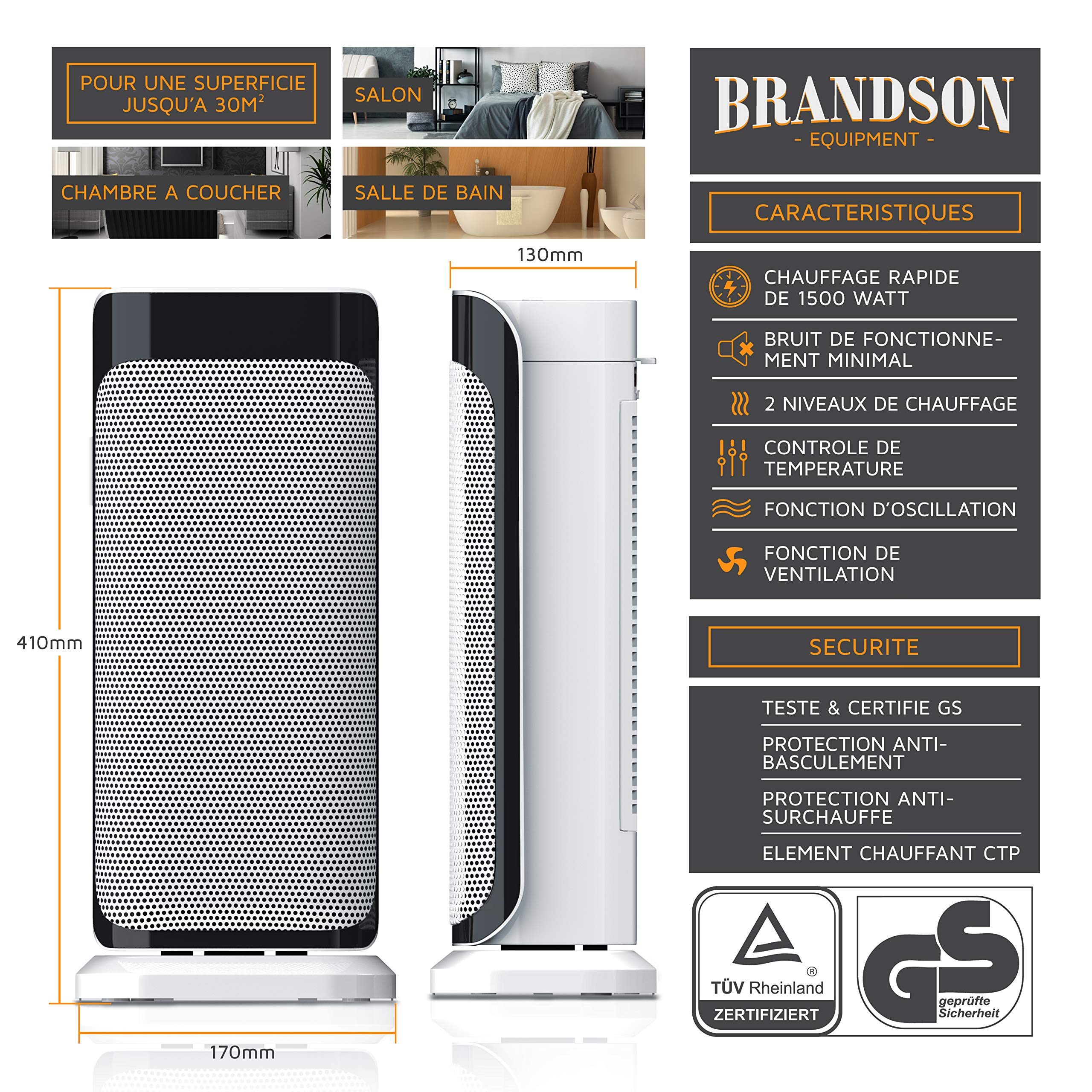 Brandson – Radiateur et Ventilateur soufflant céramique, chauffant avec télécommande, 2000W, Appareil de Chauffage pour salle de bain, Oscillation, 2 Niveaux de Chauffage Minuterie, Blanc