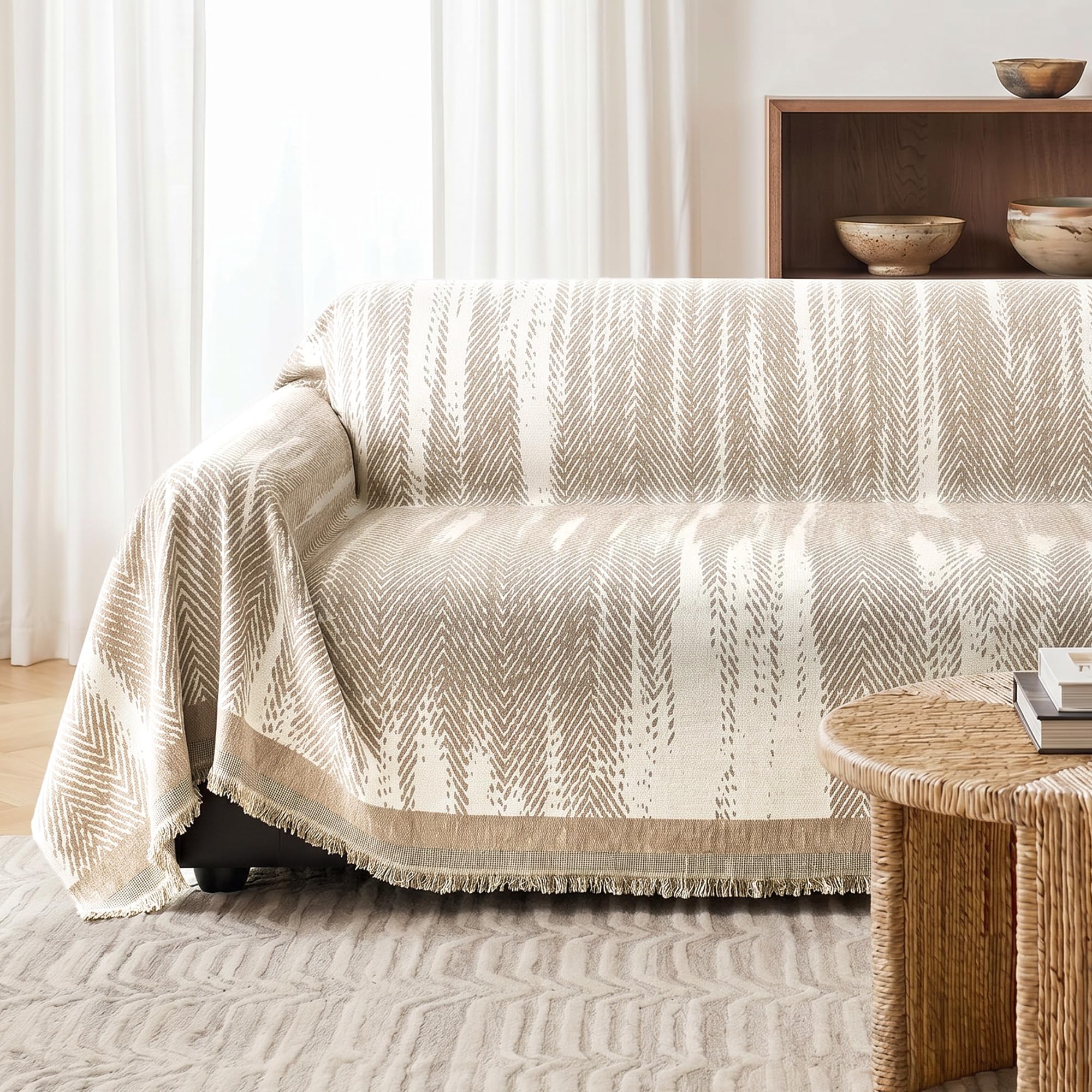MYSKY HOME Sofaüberzug aus Chenille, Sofaabdeckung für Couch und Sofa, wasserabweisender Sofaschutz für Haustiere und Kinder, dekorative Überwurfdecke für Wohnzimmer 2/3 Sitzer (180x340cm,Hellkhaki)
