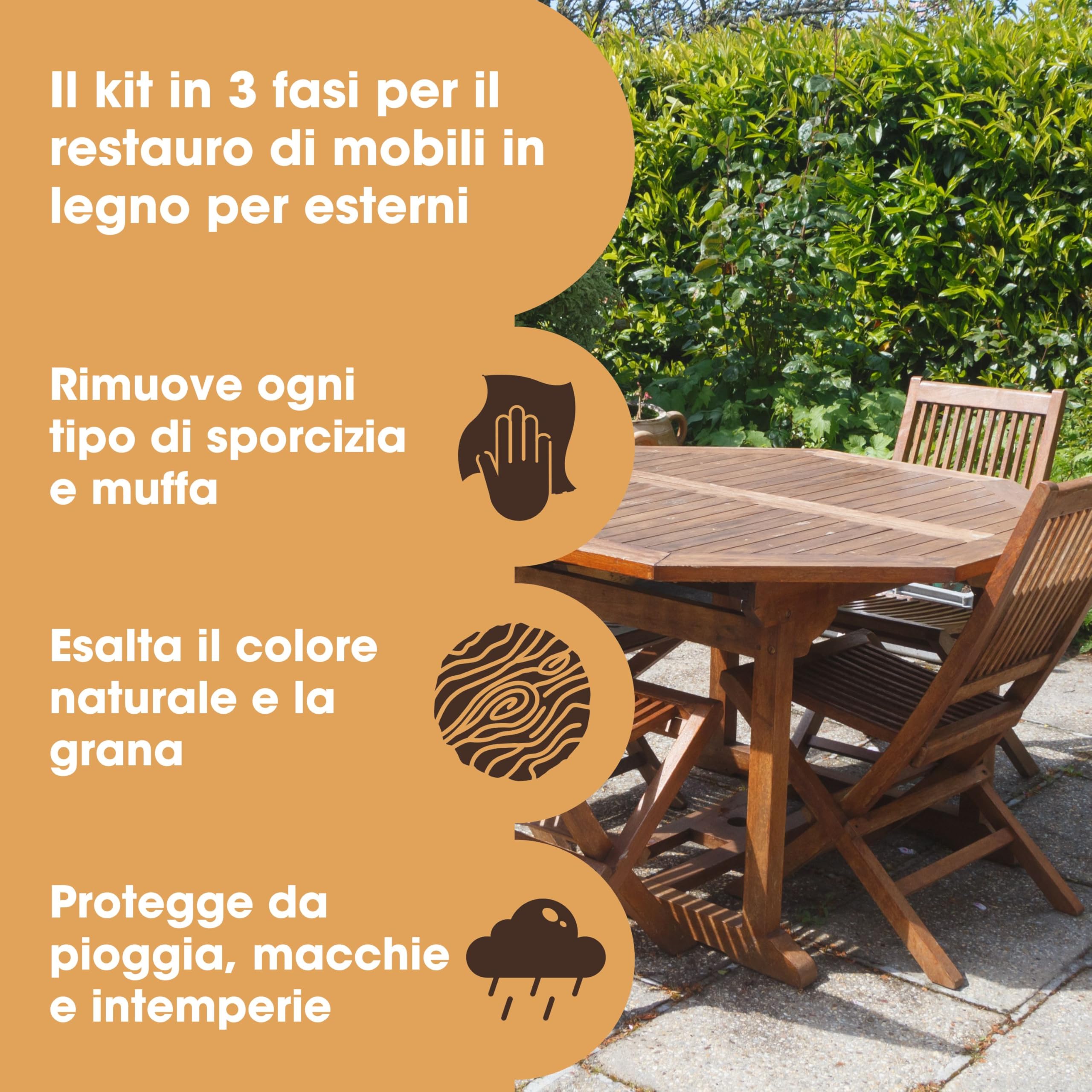Kit cura teak - Pulisc e ripristina mobili giardino - Olio detergente schiarente