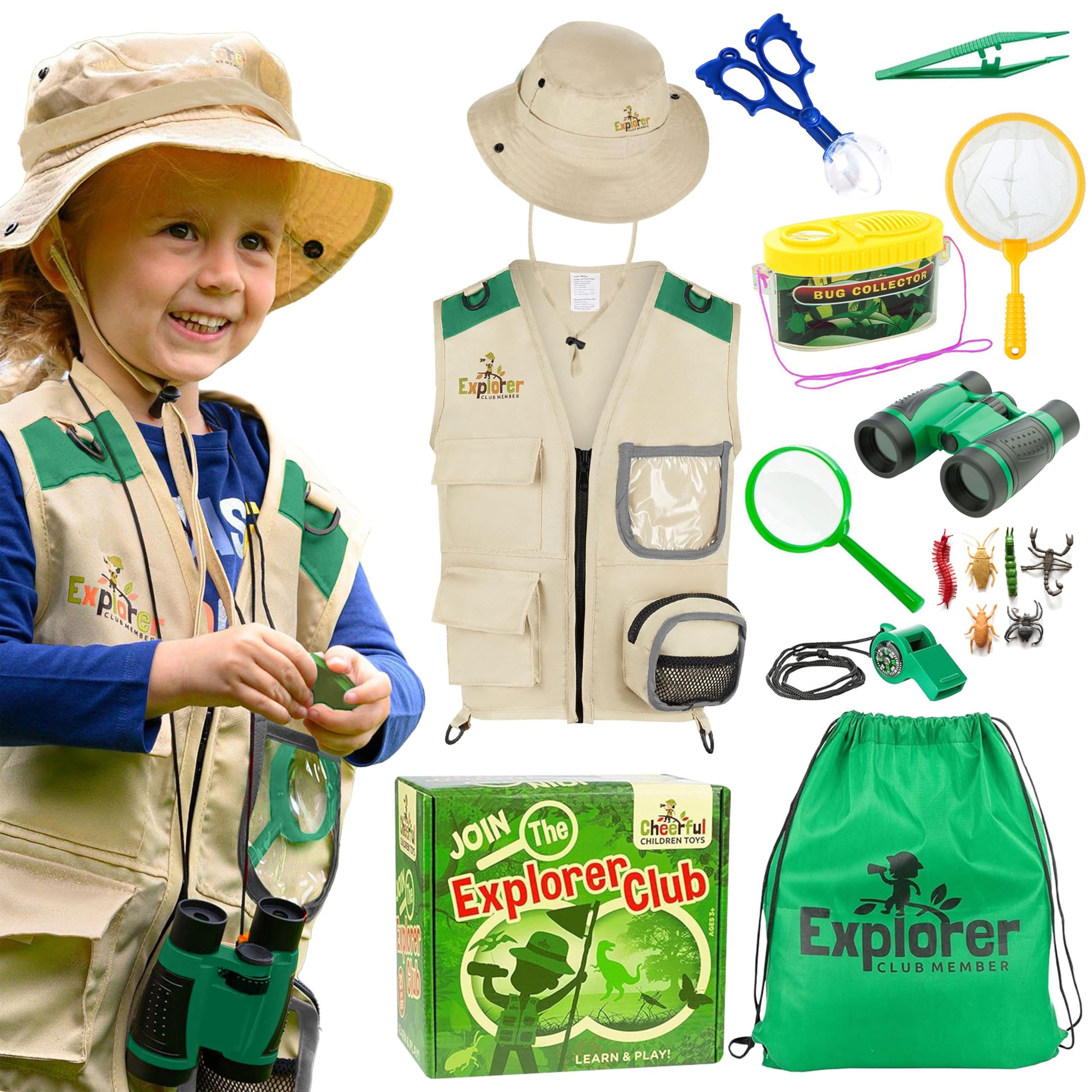 – Premium Kids Explorer Kit with Extra Sturdy Accessories for 3-7 Year Old, Bug Hunting Kit Explorer Costume Zoo Keeper Vest & Hat for Boys/ Girls, Outdoor Safari Nature STEM Educational (Green)