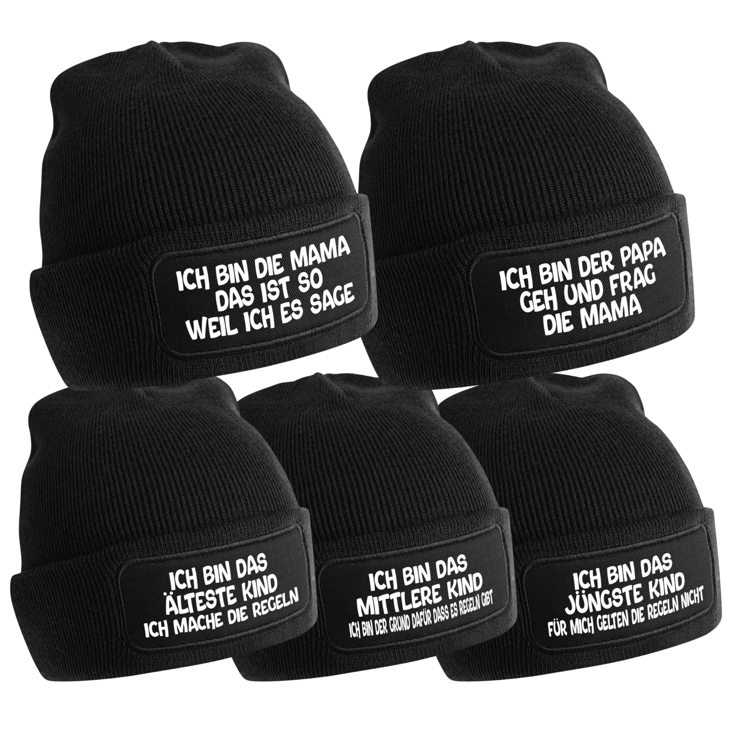 5er Set Beanie Strickmützen mit Spruch | Die Mama - der Papa - das jüngste - das mittlere - das älteste Kind | Farbwahl | Unisex SoftTouch angenehm weiche und warme Wintermütze OneSize Einheitsgröße