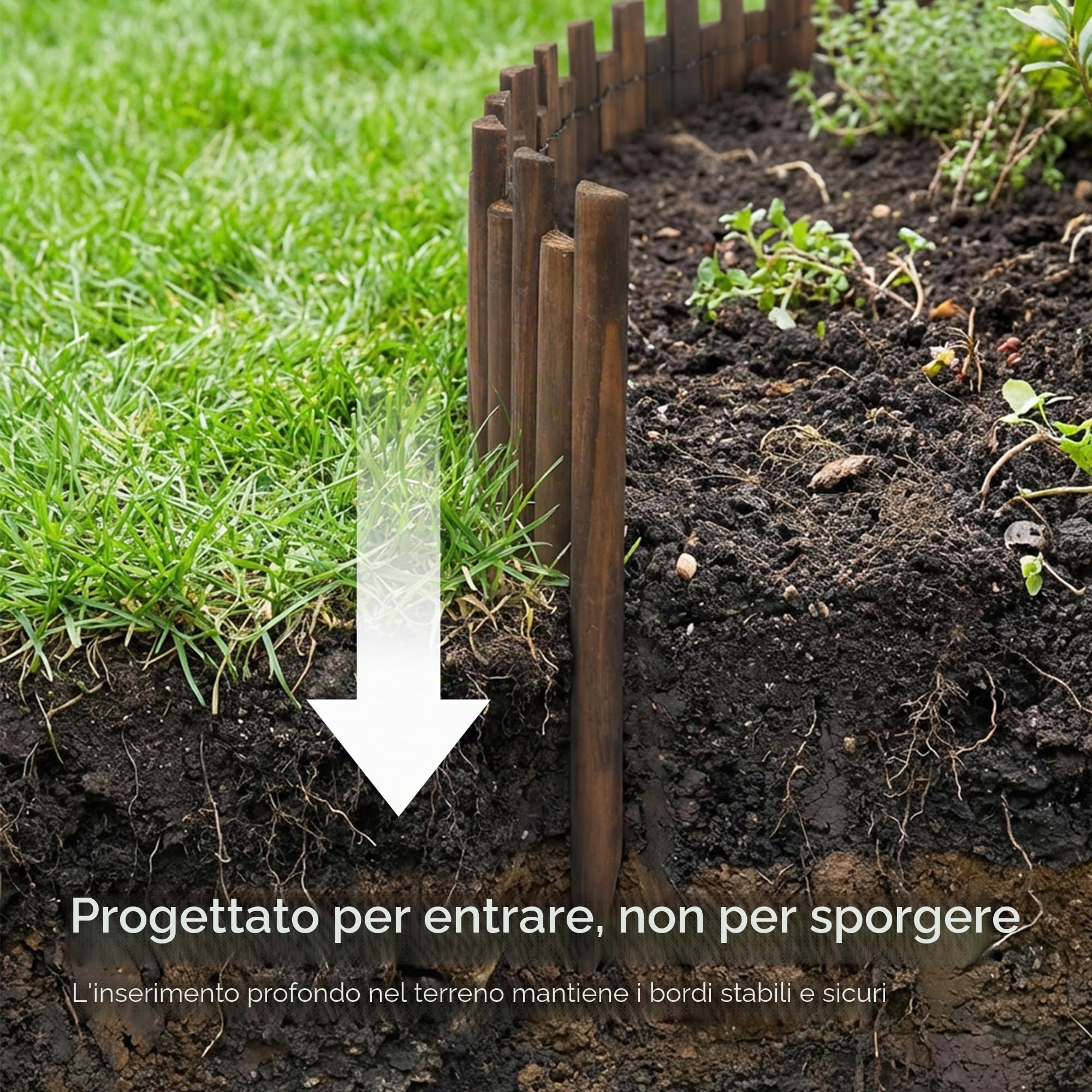 Recinzione da Giardino in Legno Finitura Legno Bruciato Altezza Totale 35cm Lunghezza 120cm per Prato e Aiuole Recinzione Flessibile e Decorativa #K650A01