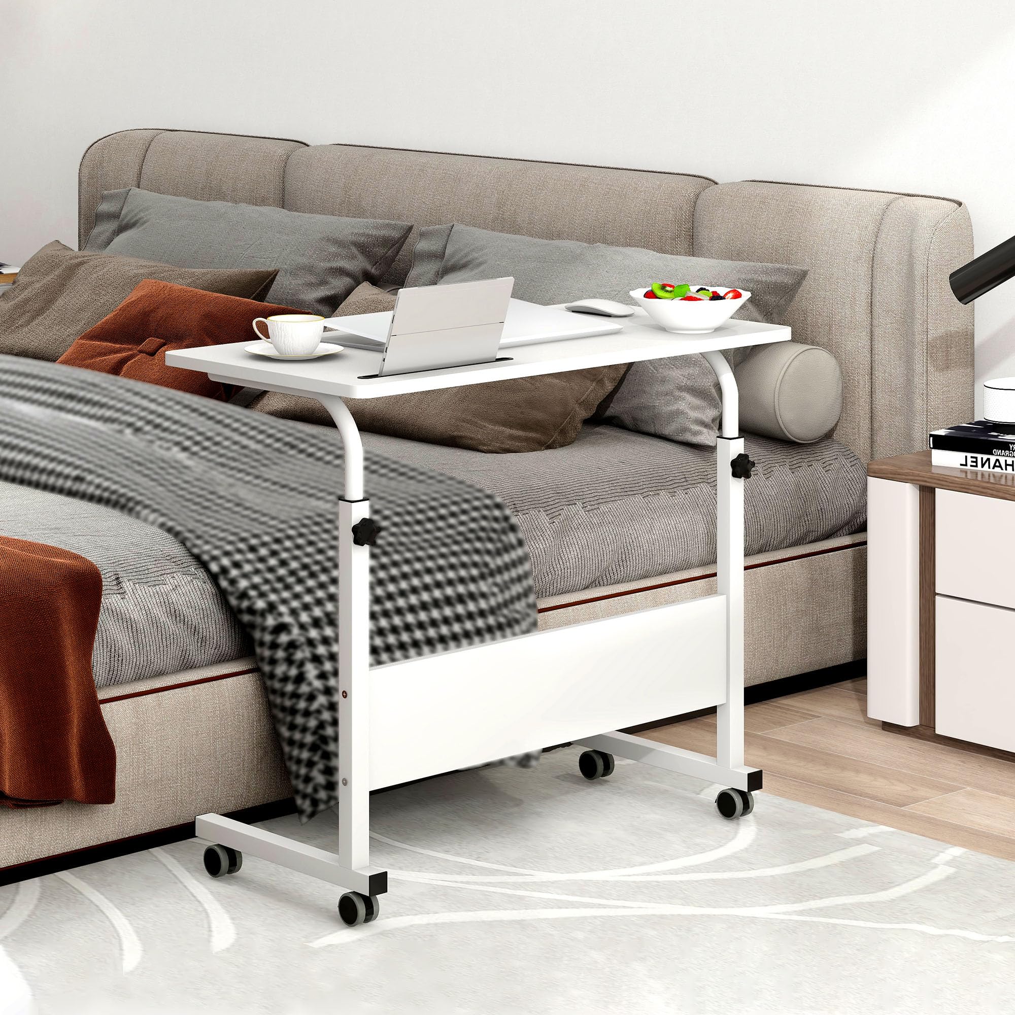 SDHYL Beistelltisch Küchentisch Computertisch für Arbeitszimmer, Rollender höhenverstellbarer Tisch für Sessellagerbett mit Nut für Mobiltelefon/Tablet(Weiß, 80x40cm)