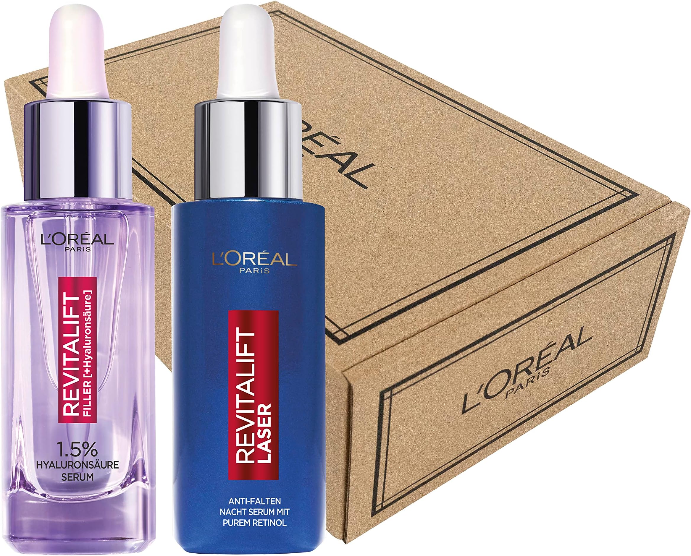 L’Oréal Paris Skin Expert Hyaluronic Acid & Retinol Serum Duo Set, Day To Night Serum Gift Set, 2 x 30 ml