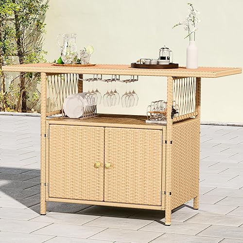 YITAHOME Mesa de mimbre portátil para exteriores con armario de almacenamiento, mesa de cristal marrón para patio, cocina y carrito de bar (marrón