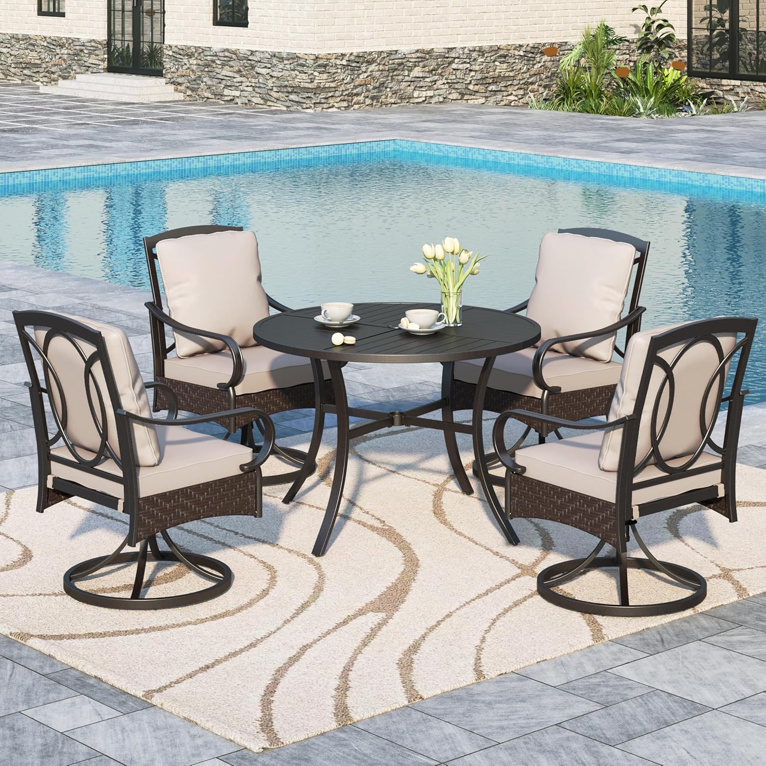 Sophia & William Patio Dining Set for 4, Outdoor Table Furniture Set 5 Piece with 4 Padded Swivel Dining Chairs and 1 Round Metal Table with 1.57" Umbrella Hole