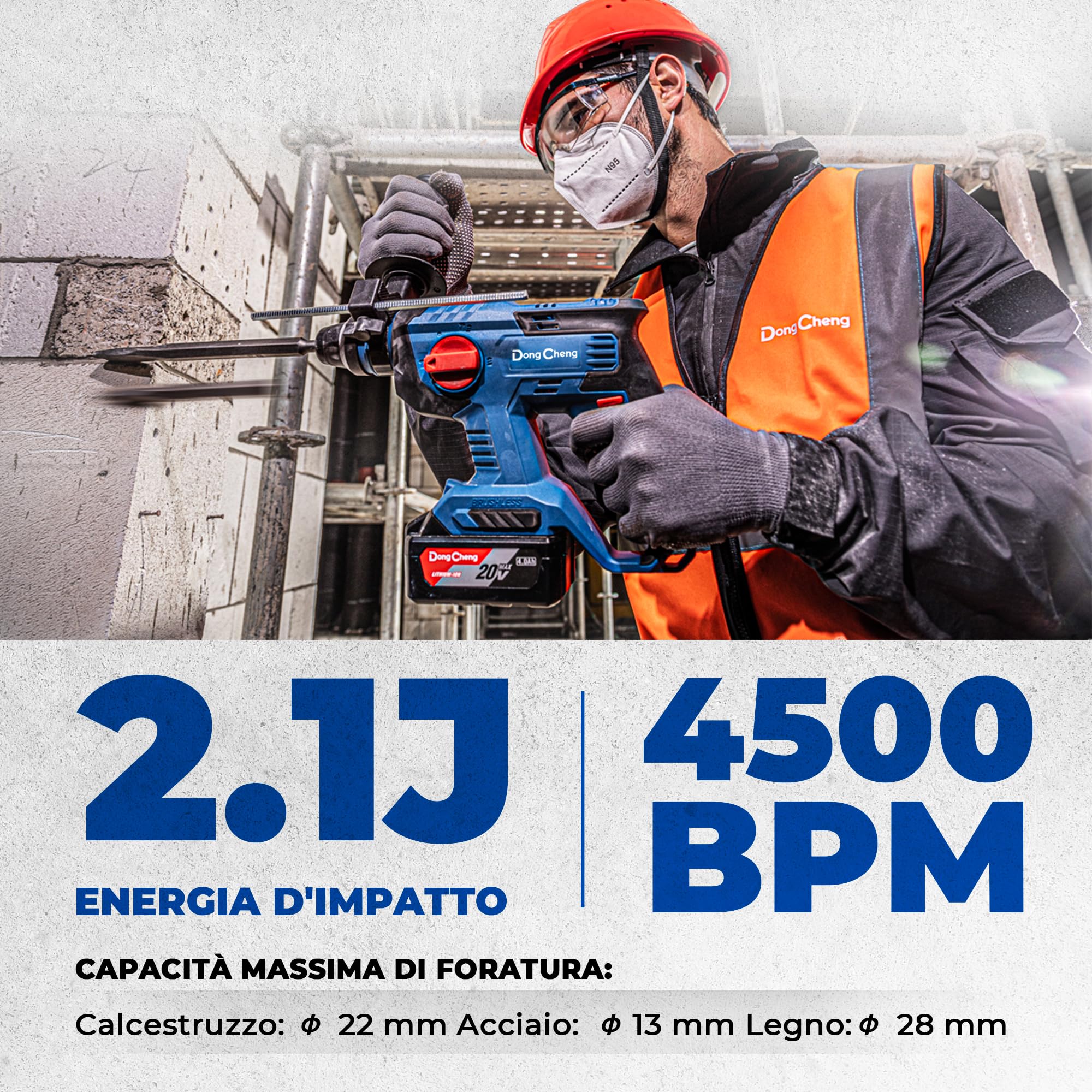 DongCheng Martello Perforatore a batteria, Trapano Tassellatore a Batteria 2.1 J, Trapano a Percussione Batteria 18 V con 4 pezzi SDS-plus, Foratura fino a 28 mm, Motore senza spazzole.