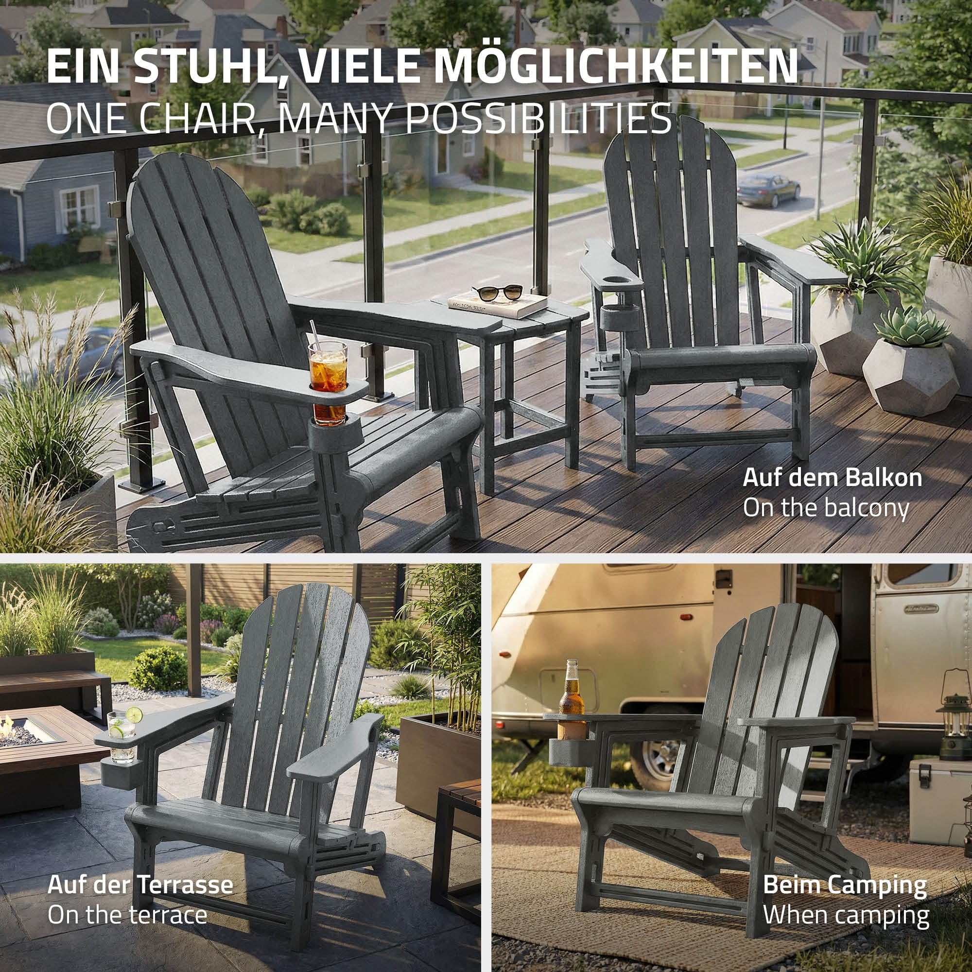 ML-Design Silla Adironack con Portavasos, Gris, Sillón de Jardín de Plástico con Aspecto de Madera, Mecedora Resistente a la Intemperie, Asiento con Respaldo, Tumbona de Exterior Mueble para Patio