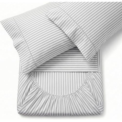 Peru Pima 415 Thread Count Percal Queen Sheet Set - 100% Peruvian Pima Cotton, 4 Piece (Flat, Fitted, 2 Pillowcases) - Cooling, Crisp, Deep Pocket, Hotel Quality Bedding - Nautical Stripe Grey