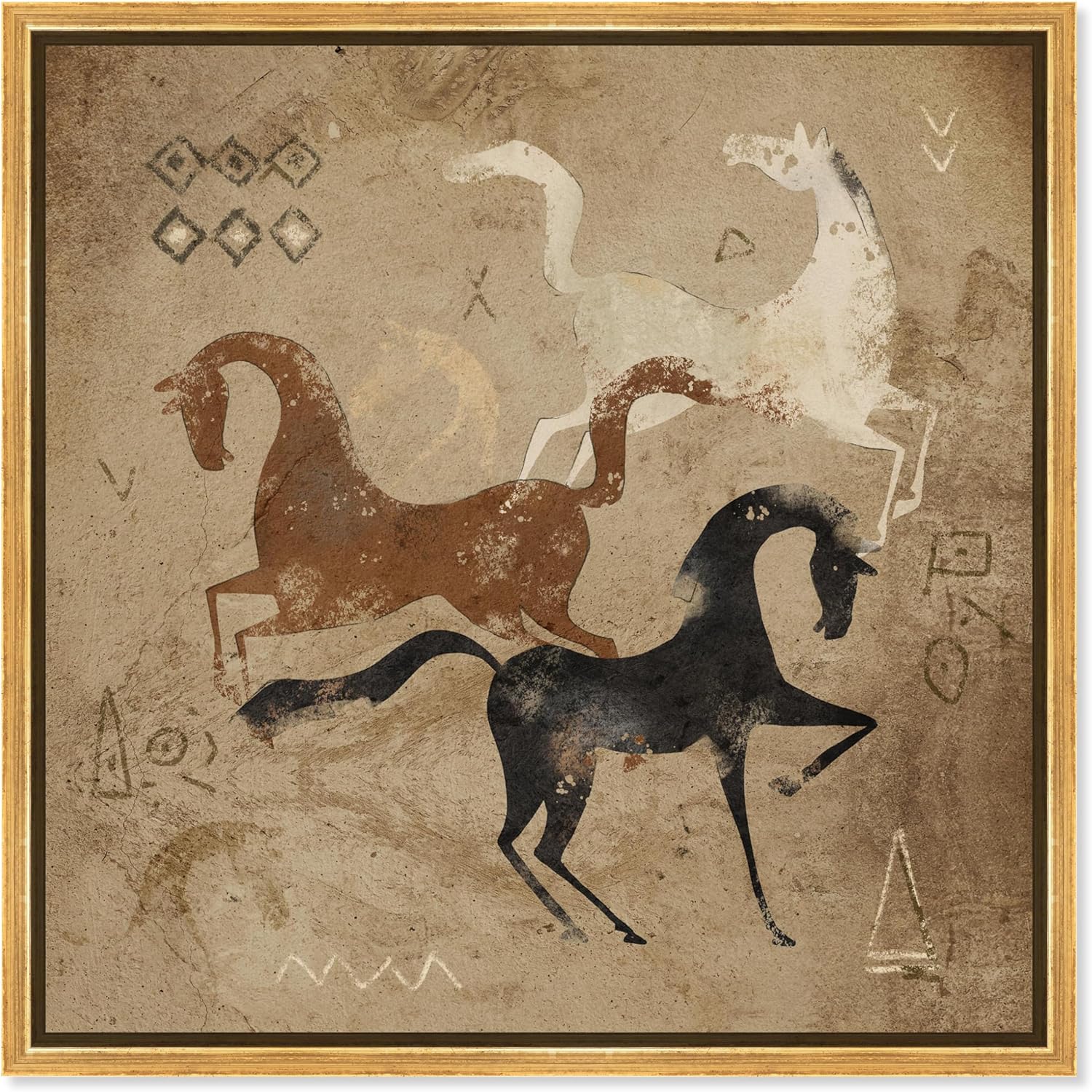 Oliver Gal Artist Co. Abstract, Canvas Wall Art, "Primitive cave horse drawing" Ready to Hang Living Room, Bedroom and Bathroom Home Décor, 20.0 x 20.0, White, Framed Canvas Art