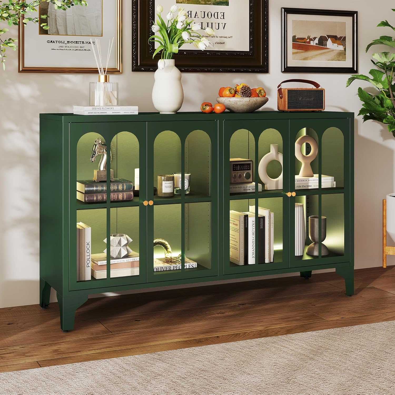 Foreate Green Sideboard Buffet Cabinet with Glass Door & LED Light, 53.2" Large Buffet Cabinet with Storage & Adjustable Shelf, Farmhouse Sideboard Credenzas Metal Kitchen Buffet