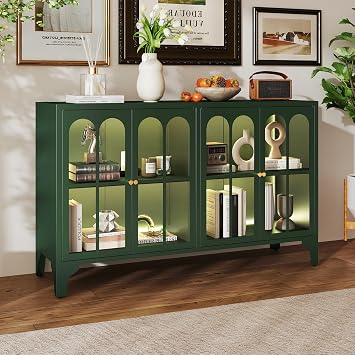 Foreate Green Sideboard Buffet Cabinet with Glass Door & LED Light, 53.2" Large Buffet Cabinet with Storage & Adjustable Shelf, Farmhouse Sideboard Credenzas Metal Kitchen Buffet
