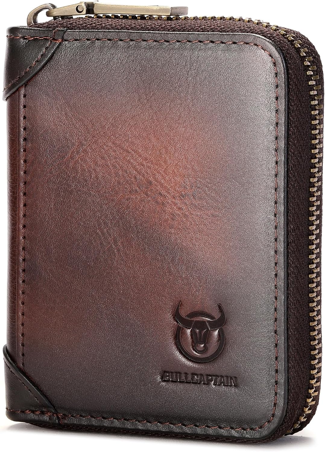 BULLCAPTAIN Leather Credit Card Holder for Men and Women, Vintage Zip Around Wallet with Multiple Card Slots (black)