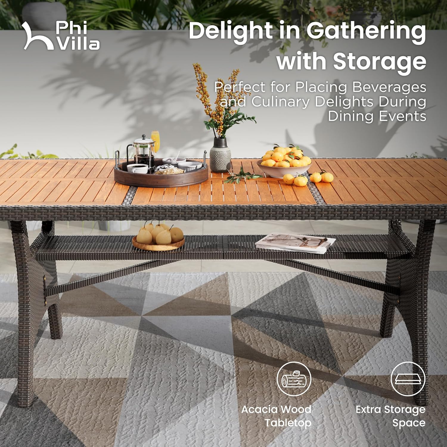 PHI VILLA Outdoor Dining Set for 6, Rectangular Wicker Table with Acacia Wood Top & Rattan Chairs with Cushions, 74” Large Modern Furniture Set for Patio, Deck, Backyard, Porch