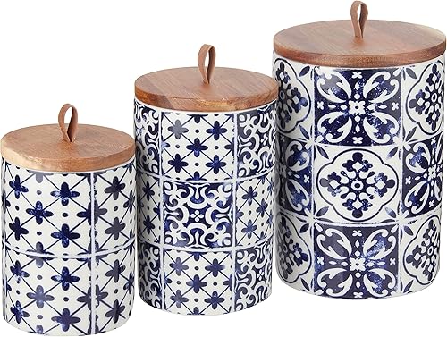 American Atelier Medallions - Juego de 3 tarros de cerámica de diseño elegante con tapas para galletas, dulces, café, harina, azúcar, arroz, pasta,