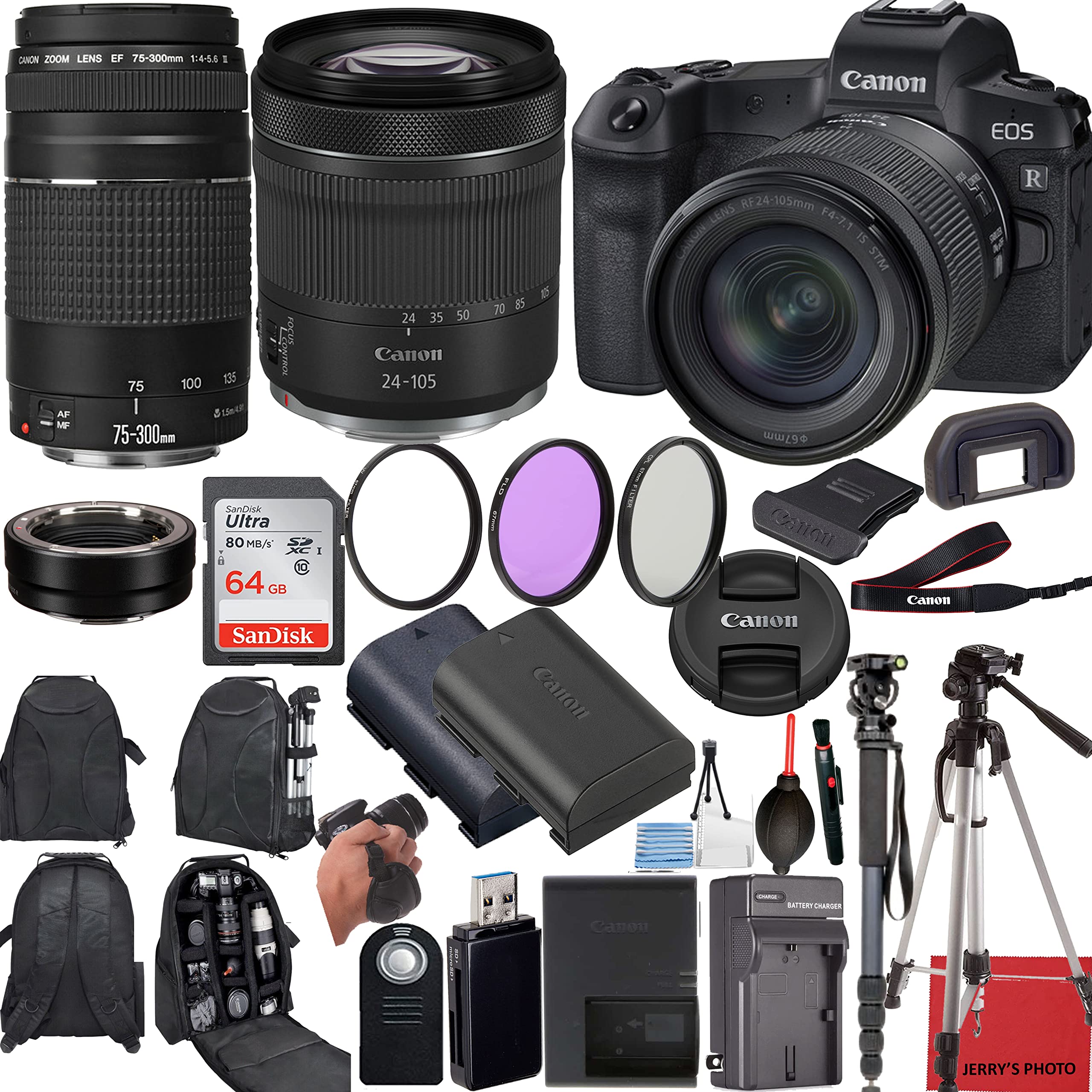 Canon EOS R Mirrorless Camera with RF 24-105mm STM + EF 75-300mm Lens + Mount Adapter + 20 Essential Accessories for Content Creators
