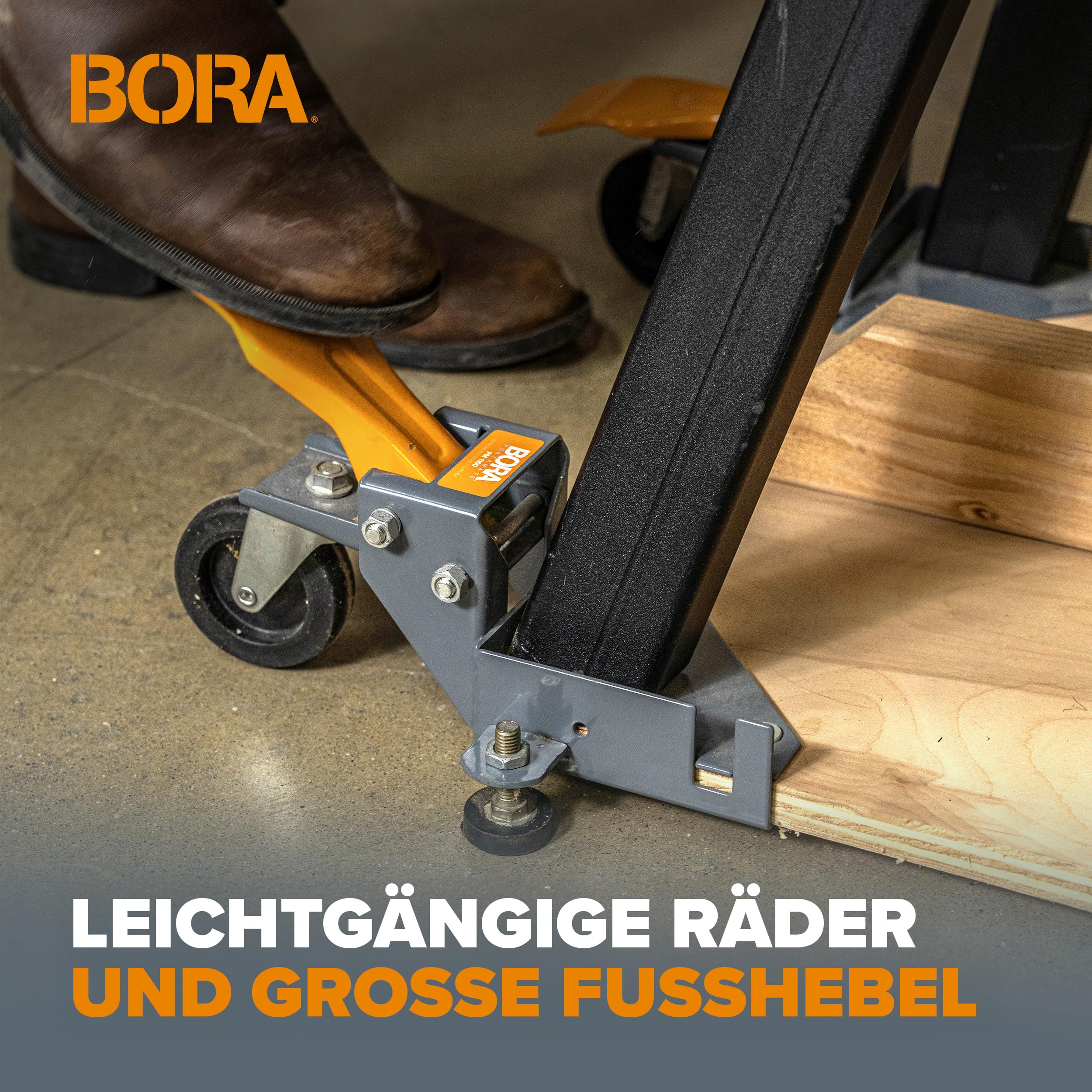 BORA Mobile Basis Set PM-1100 – Universelles Rollset, 180 kg Tragkraft, für Tischkreissäge, Bandsäge & Holzbearbeitungsmaschinen, Orange/Grau