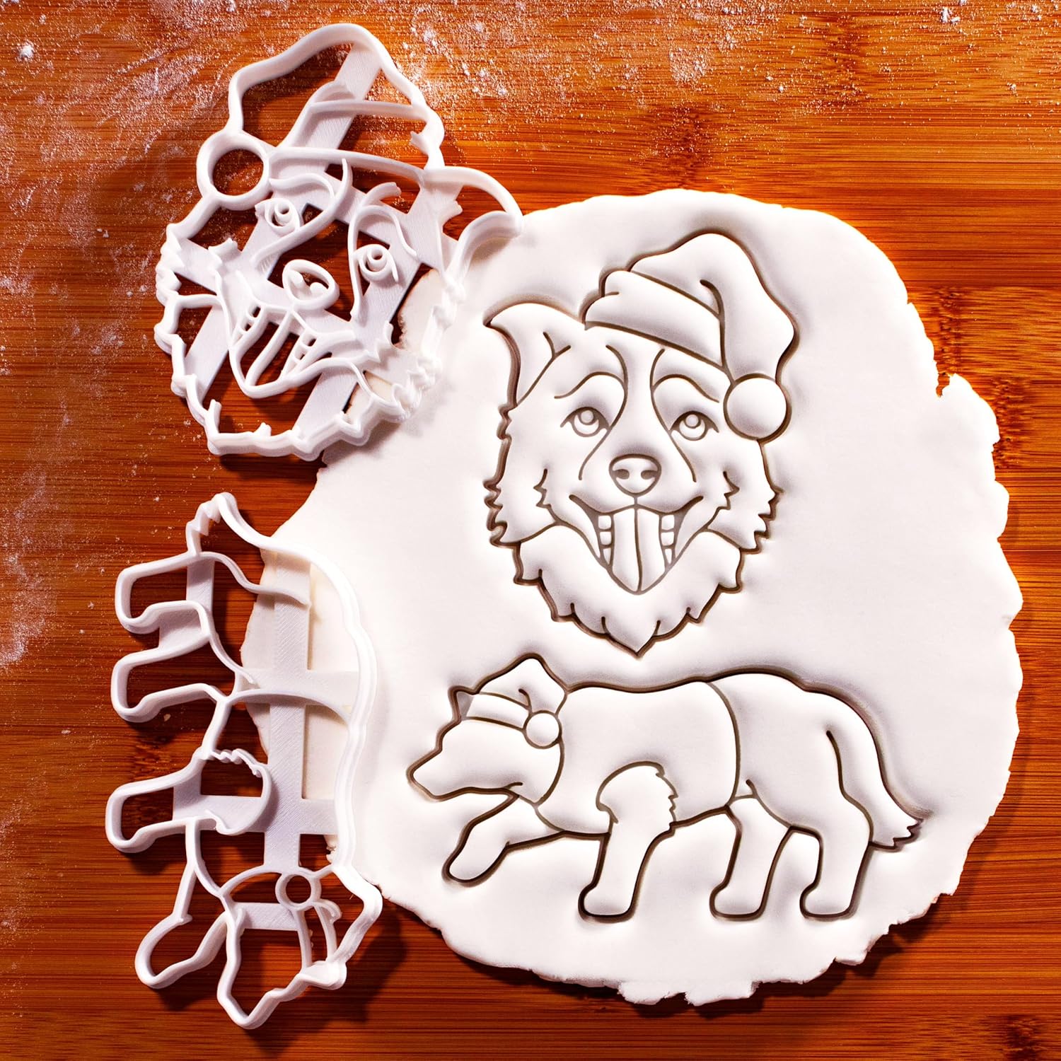 BAKERLOGY Set of 2 Christmas Border Collie with Santa Hat Cookie Cutters – Festive Sheepdog Face Design for Pet Treats, Winter Holidays Baking