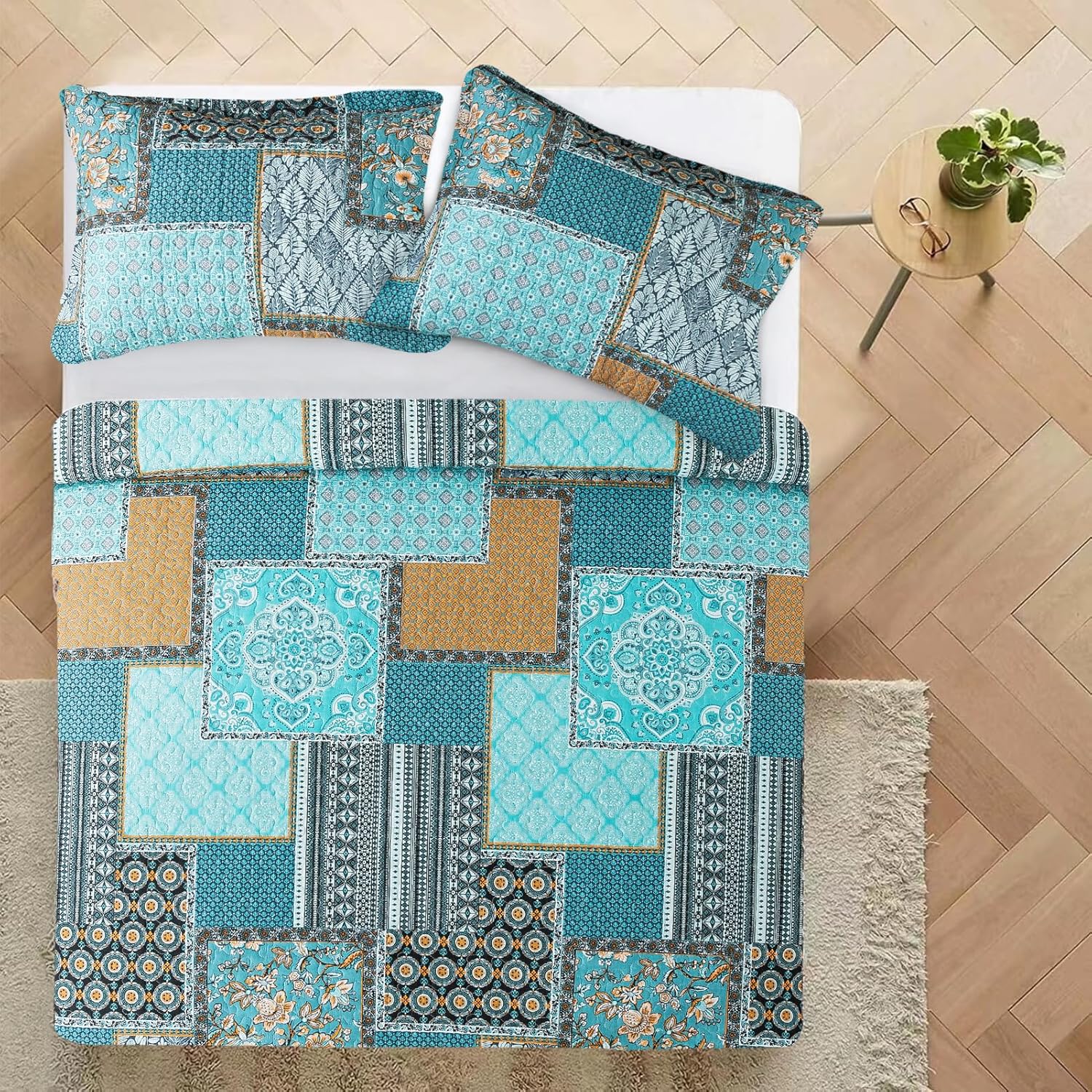 VAPUTAR King Size Quilt Bedding Set - Soft Cotton King Size Bedspreads (98 * 106 in) - Lightweight Patchwork Floral Quilts for Farmhouse Bedroom (Teal/Green Chic, 3 Pieces) - Image 3