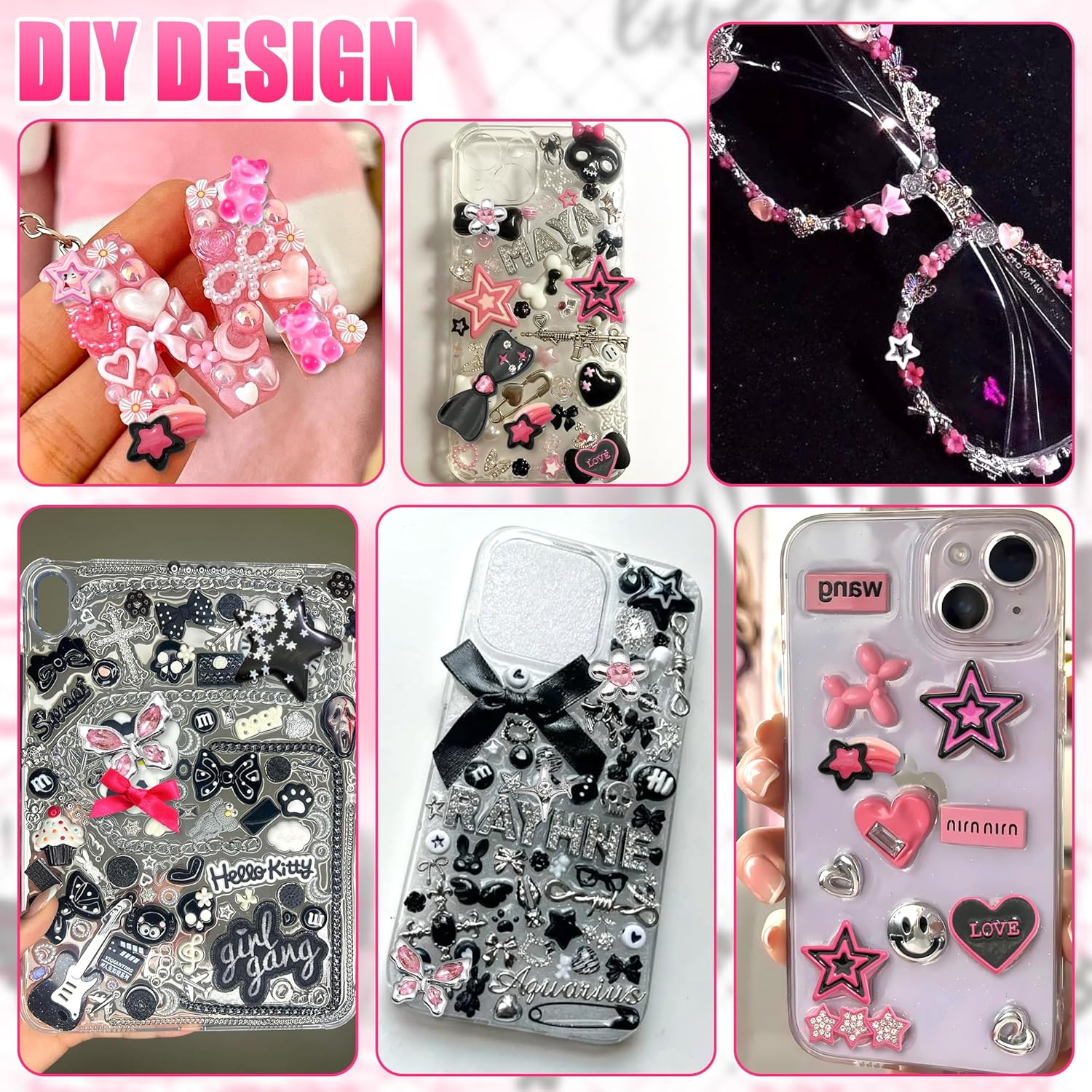BELICEY Junk Case Charms Kit Black Pink Charm for Phone Cases Multi-Shape Kawaii Bow Heart Star Phone Case Charm Flatback Pearls for Customizing Case Nails Jewelry DIY Craft - Image 7