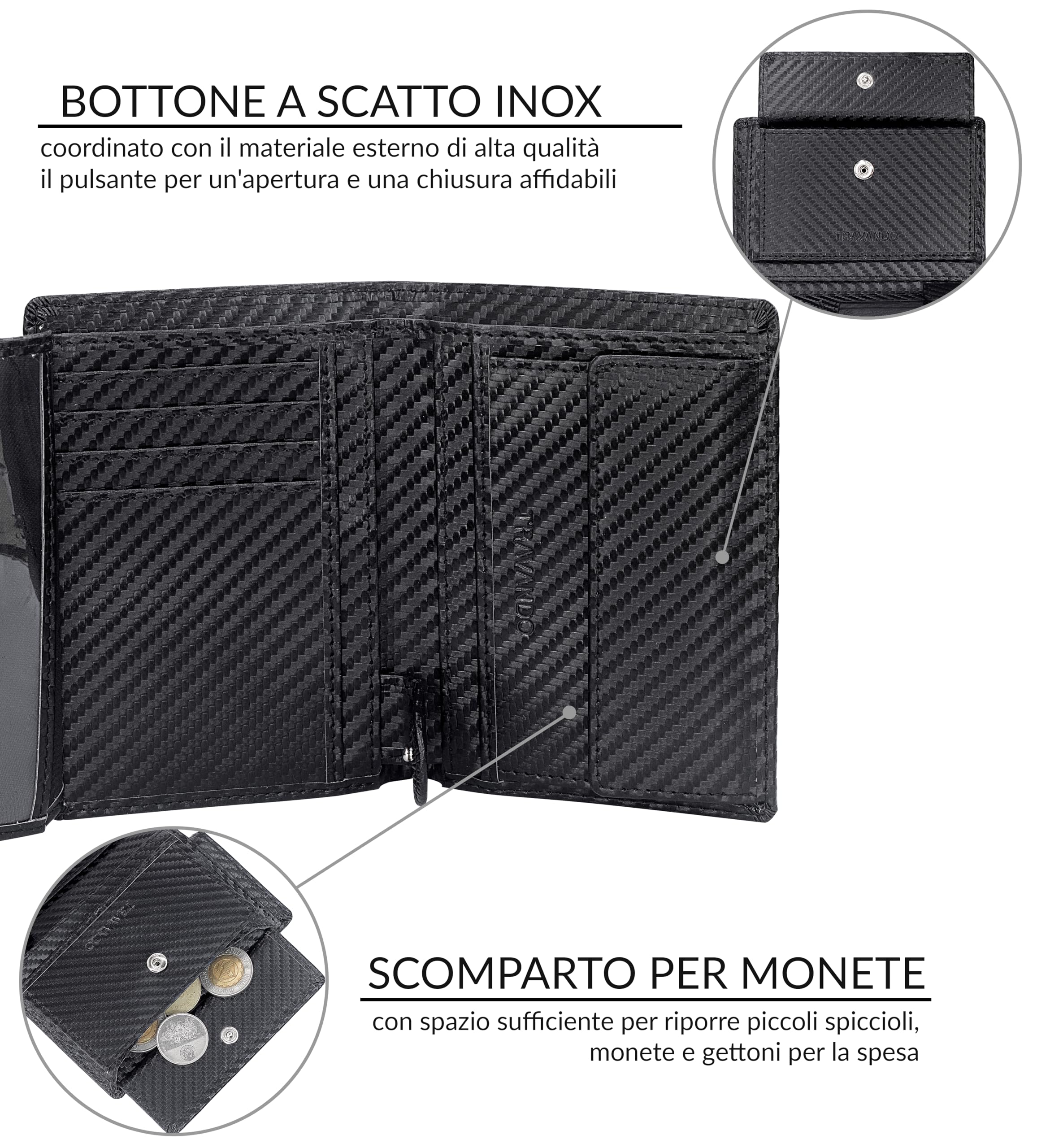 TRAVANDO Portafoglio Uomo Roma con protezione RFID - Porta Carte di Credito con Portamonete in formato Verticale (Carbon)