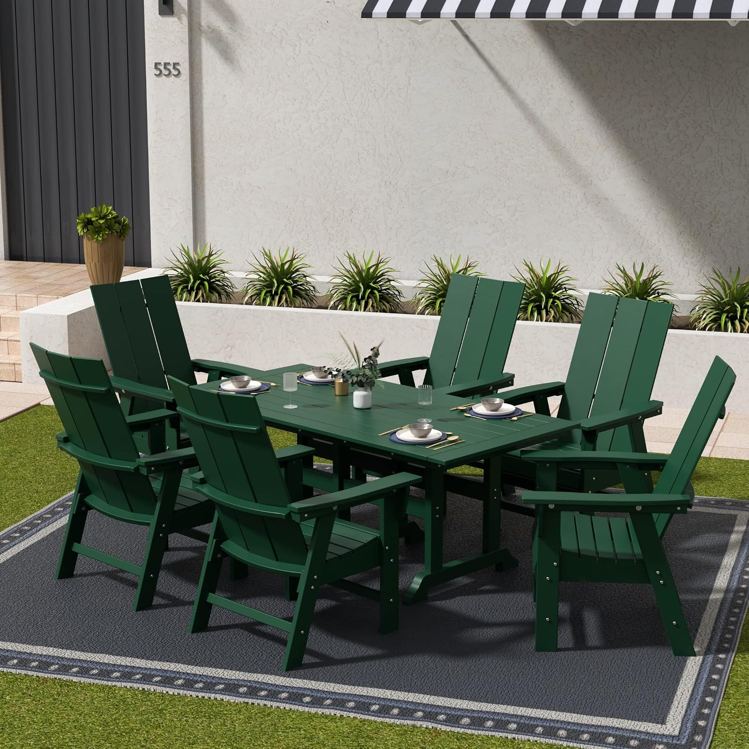 WestinTrends Ashore 7 Pieces Adirondack Outdoor Dining Set, All Weather Poly Lumber Slatted Modern Farmhouse Outdoor Furniture Set, 71" Trestle Dining Table and 6 Adirondack Dining Chair, Dark Green