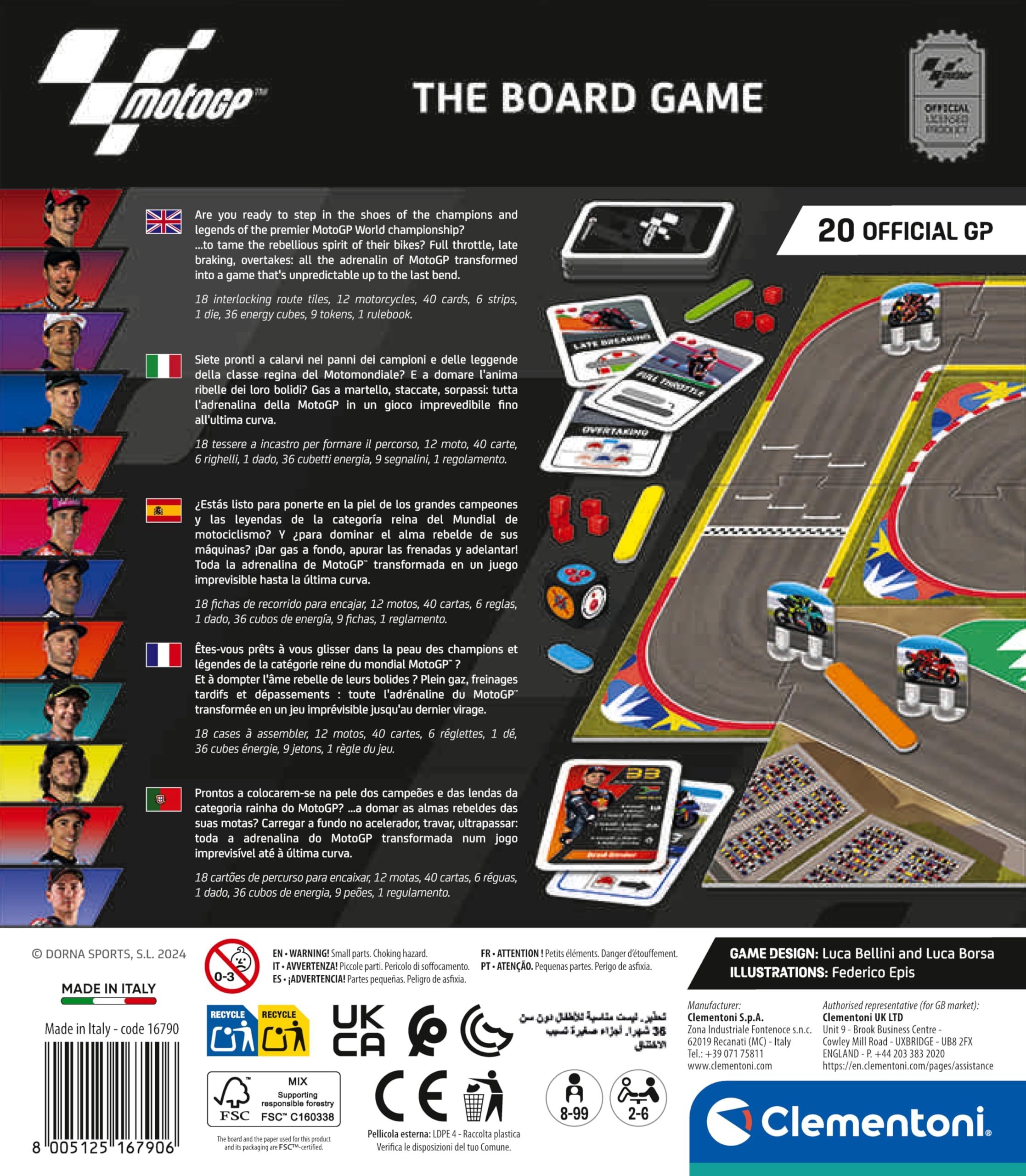 Clementoni- Moto GP Tavolo società Adulti, Divertimento per Tutta La Famiglia, Basato su Sport, 2-6 Giocatori, Gioco Motomondiale, Made in Italy, Colore Italiano, 16790