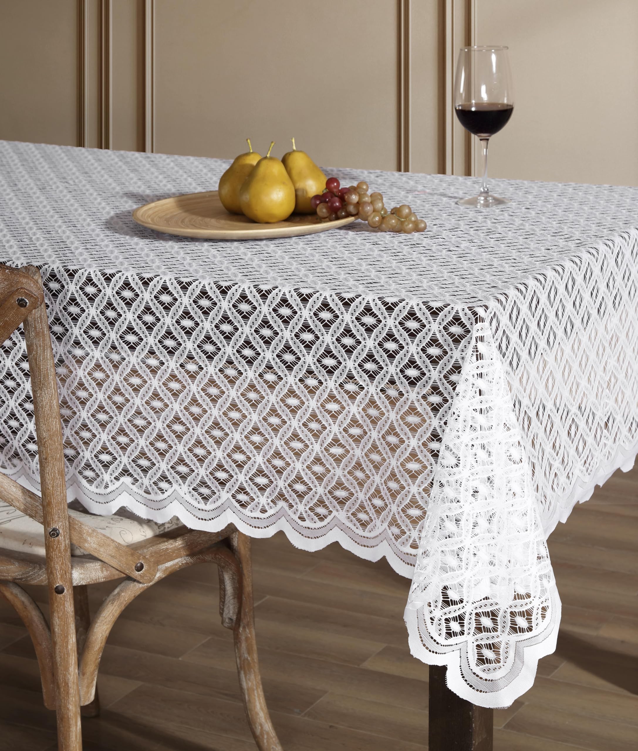 HLC.ME Sedona Spitzenstoff-Tischdecke, Spitzentischdecke für rechteckige Tische, knitterfrei, gemustert, gewellt (60B x 104L, Weiß)