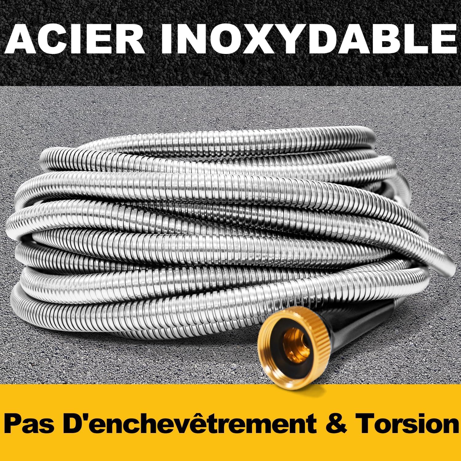 Tuyau d'arrosage en Acier Inoxydable 15m, Tuyau Arrosage en Métal avec 10 Modes d'arrosage et Accessoires Cuivre, Robuste, Flexible et Résistant à l'Usure et la Corrosion