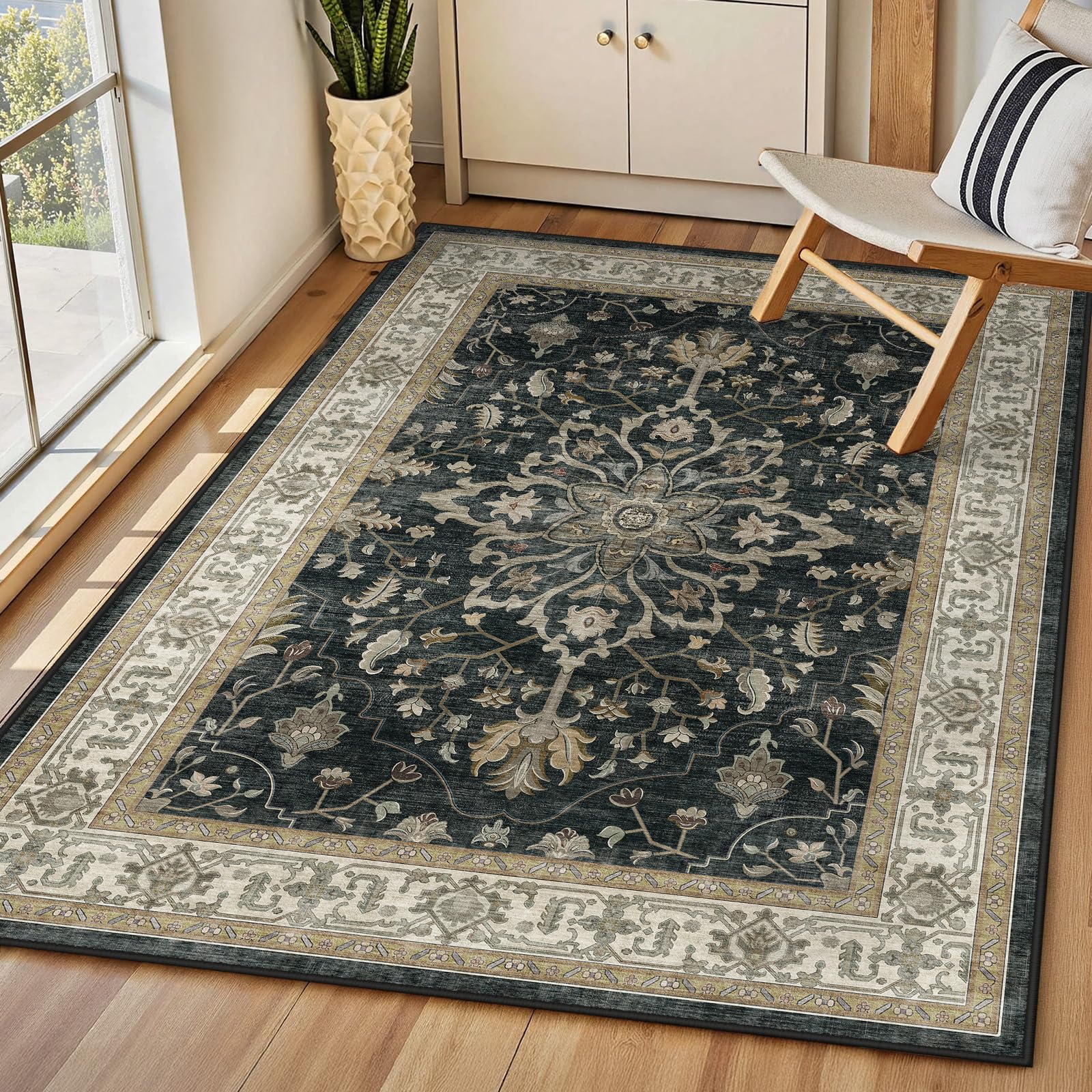 INOVADAY Machine Washable Rugs 90x150 cm Vintage Area Rug Low Pile Anti-Slip Carpet with Print Pattern for Living Room Bedroom Home Office Indoor Black/Beige โ image 1